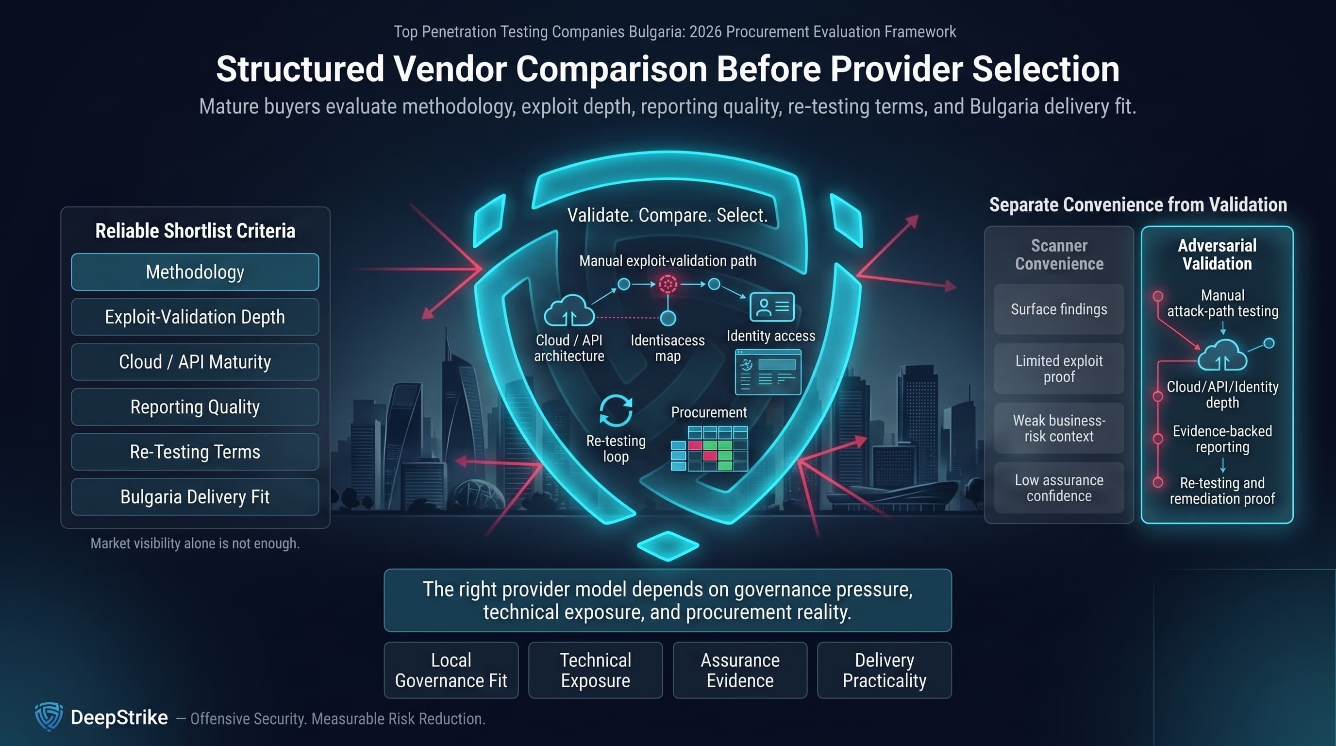 “A premium cybersecurity procurement dashboard for Bulgaria shows a glowing shield around a futuristic Sofia enterprise environment. Buyer evaluation criteria appear on the left, a scanner-versus-adversarial-validation comparison appears on the right, and procurement decision tiles appear in the lower center. The lower-right corner is intentionally empty for watermark removal.”
