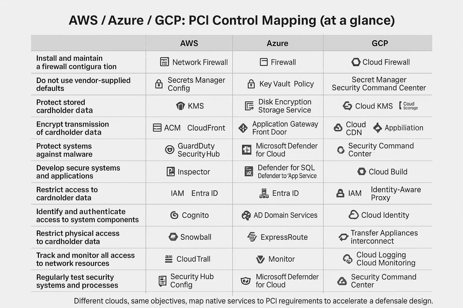Comparison grid mapping PCI requirement families to representative AWS, Azure, and GCP services.