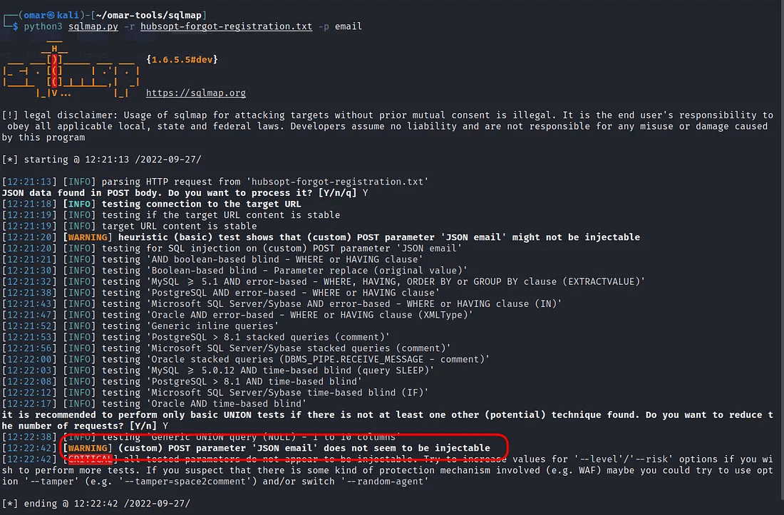 A terminal screenshot showing the output of the sqlmap tool being run to test for SQL injection vulnerabilities on a HubSpot target. The highlighted results indicate that the JSON parameter 'email' is not vulnerable to the tests performed.