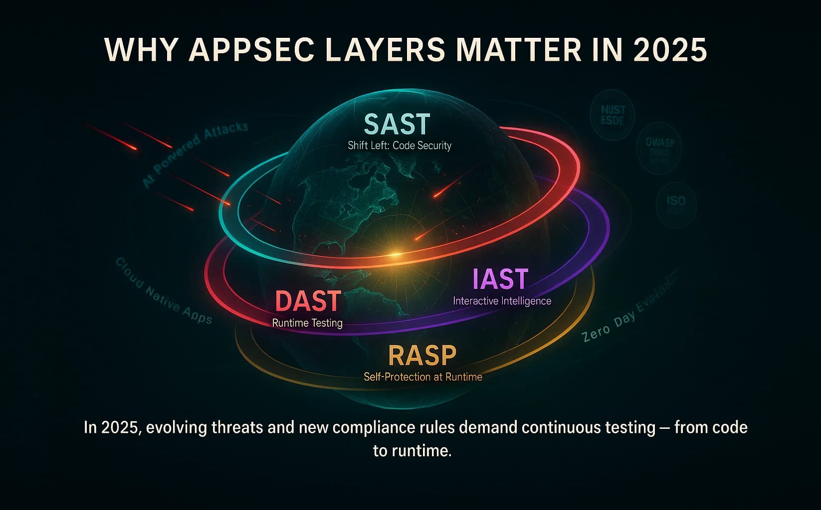 Digital illustration of a glowing world surrounded by four colored rings labeled SAST, DAST, IAST, and RASP, symbolizing layered application security protection in 2025.