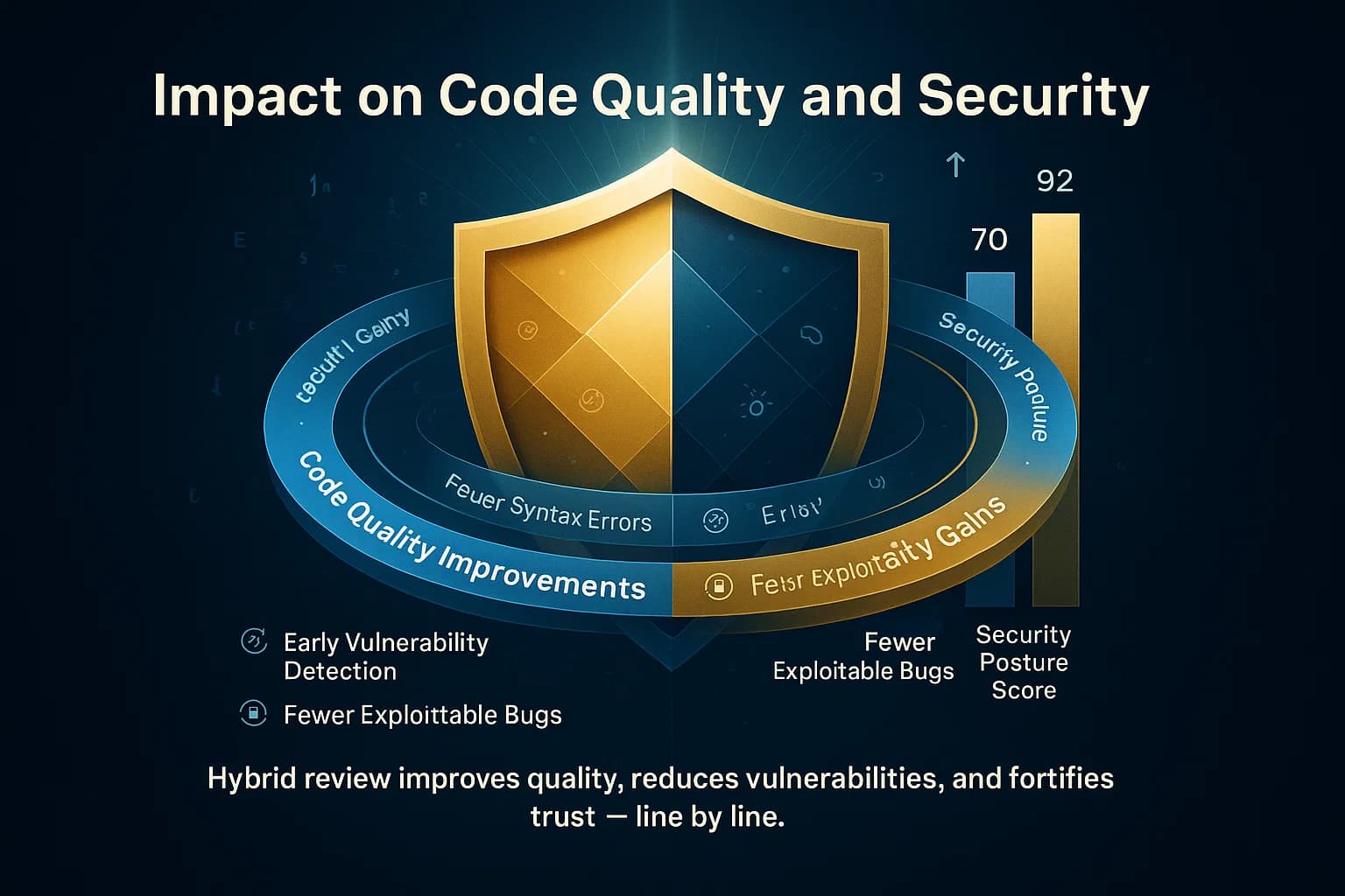 Infographic of a digital shield surrounded by data rings showing improvements in code quality and security metrics through hybrid code review.