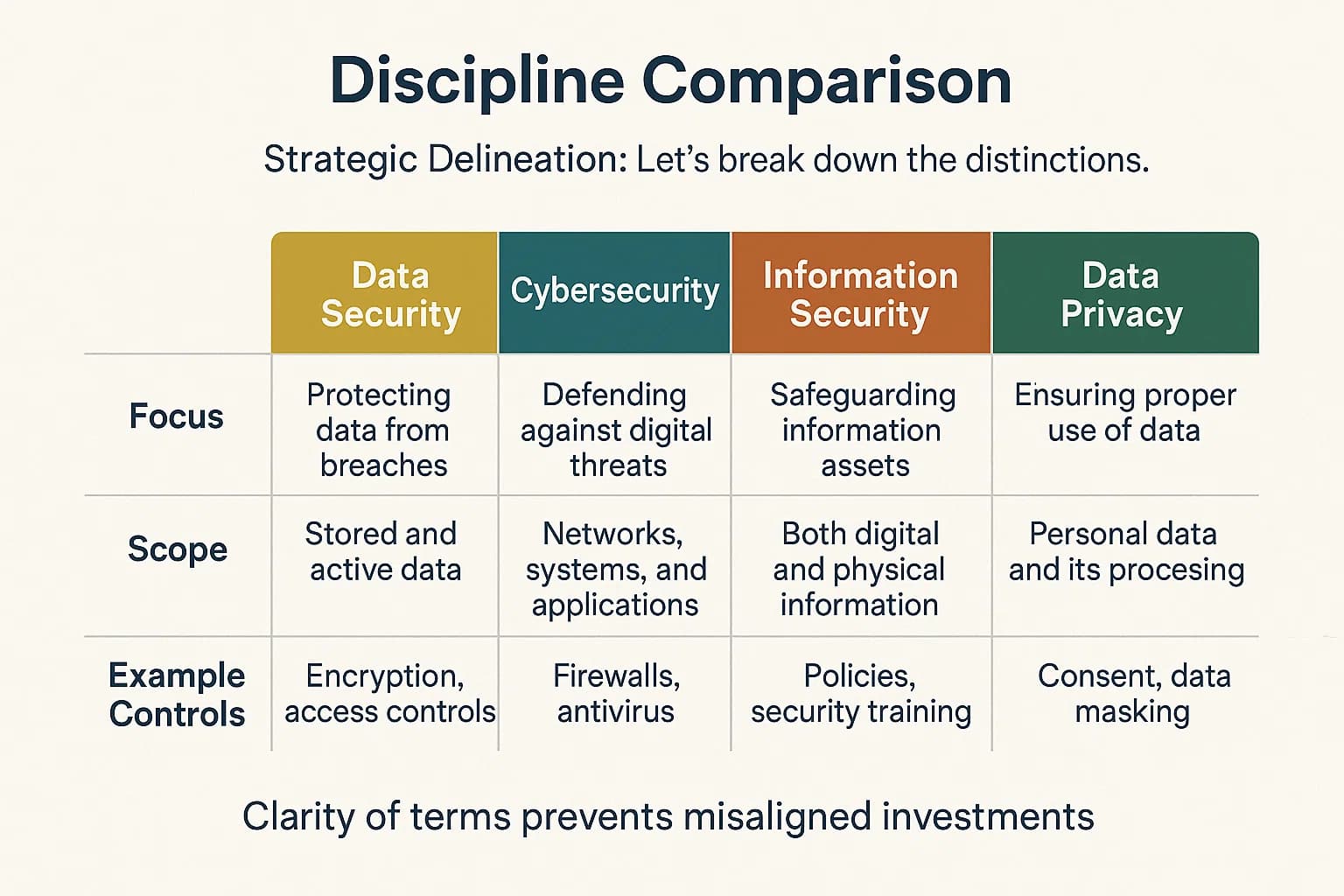 Infographic table comparing data security, cybersecurity, information security, and data privacy by focus, scope, and example controls