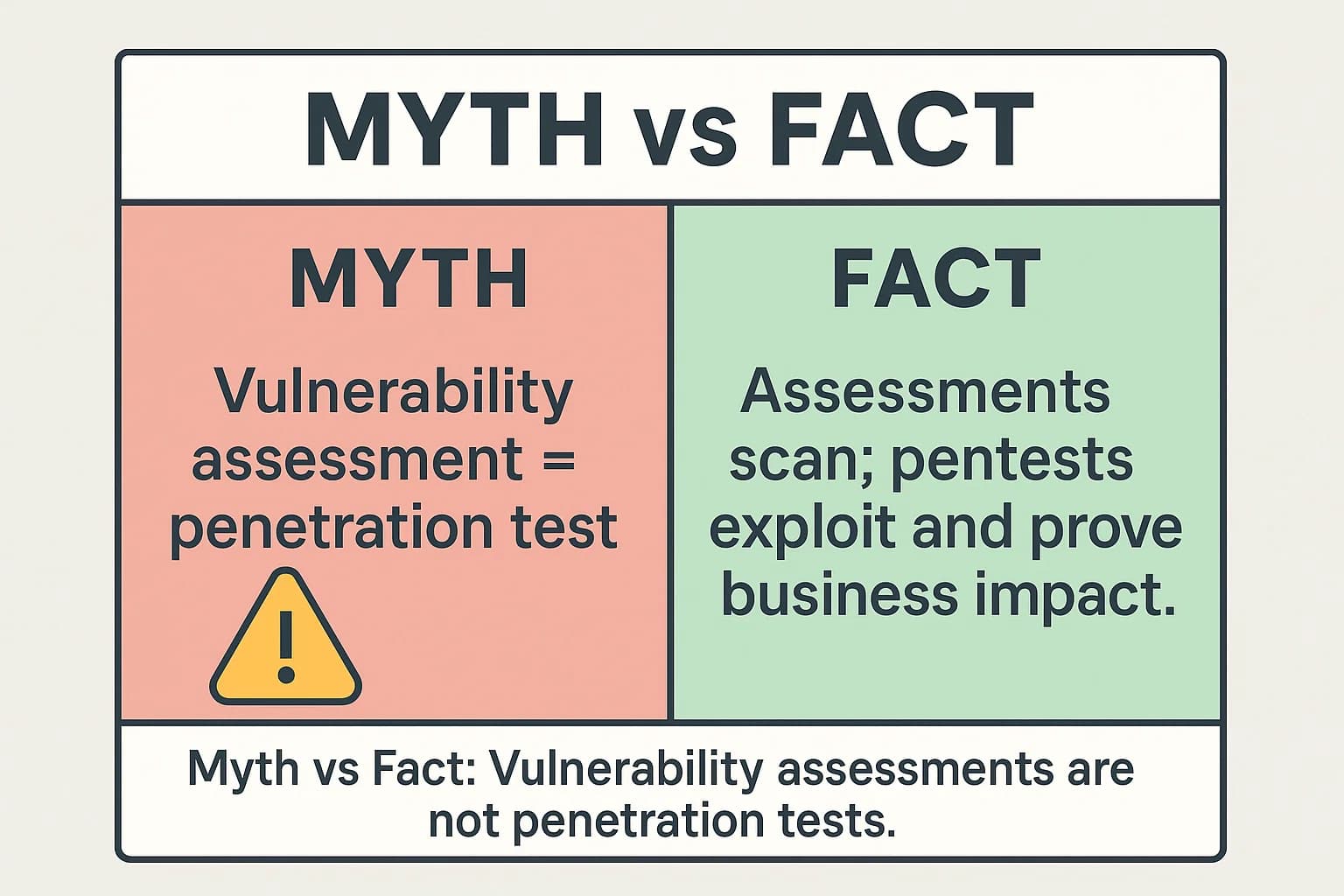 Graphic comparing myth and fact: vulnerability assessment vs penetration testing.