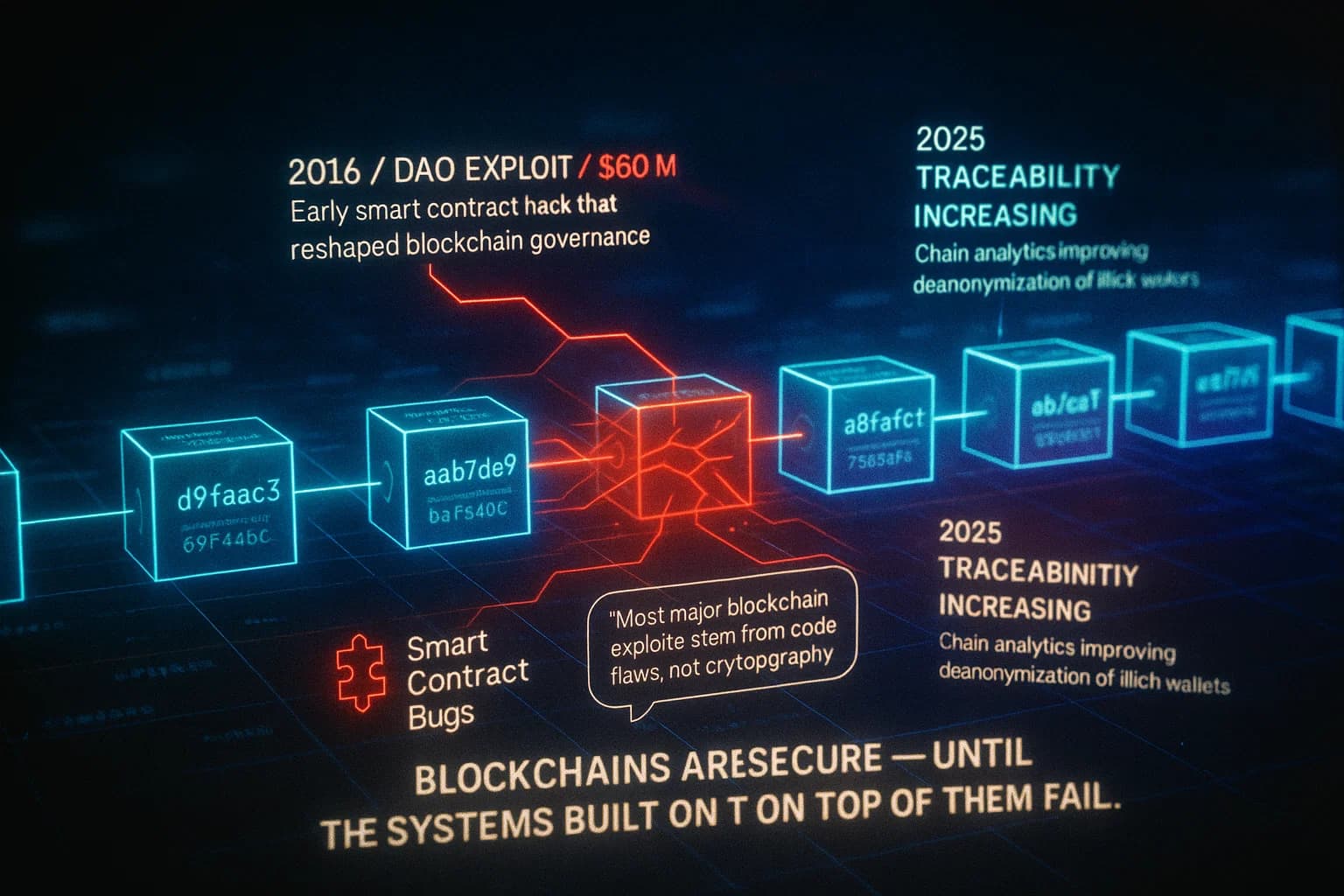 “ALT TEXT: A neon-lit blockchain visual shows glowing blocks connected in a chain, with red-highlighted vulnerabilities spreading across smart contracts, bridges, and nodes. Animated flows reveal how exploits propagate through decentralized networks.”