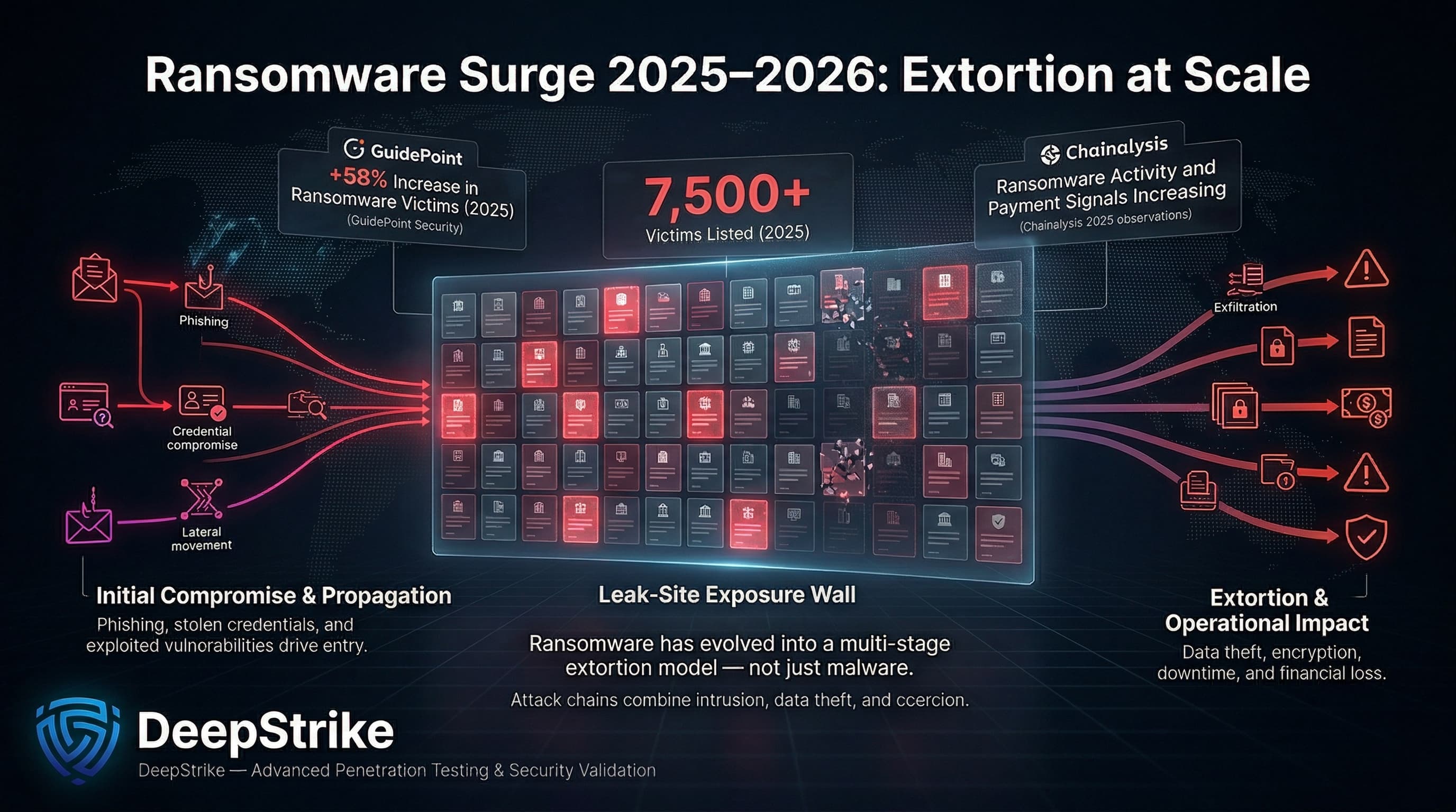 “A cybersecurity visualization shows a wall of compromised organizations representing ransomware victims, with statistics highlighting a 58% increase and over 7,500 victims in 2025. Attack vectors flow in from the left while data theft and financial impact are shown on the right.”