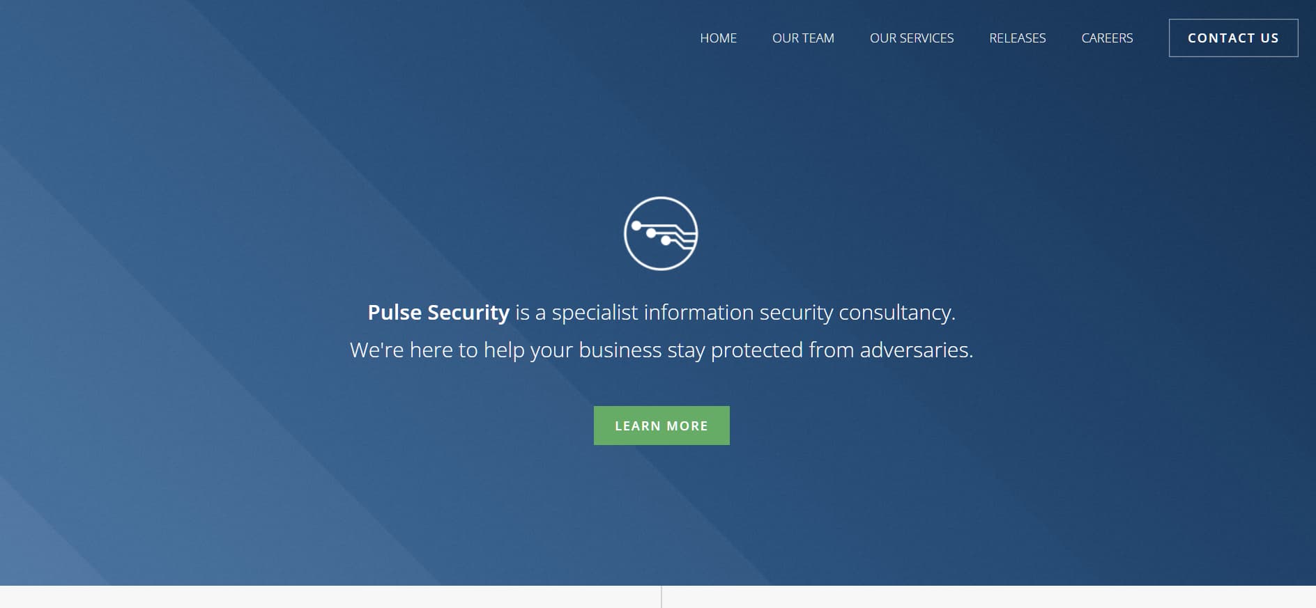 Pulse Security information security consultancy homepage with blue minimalist design and business protection message