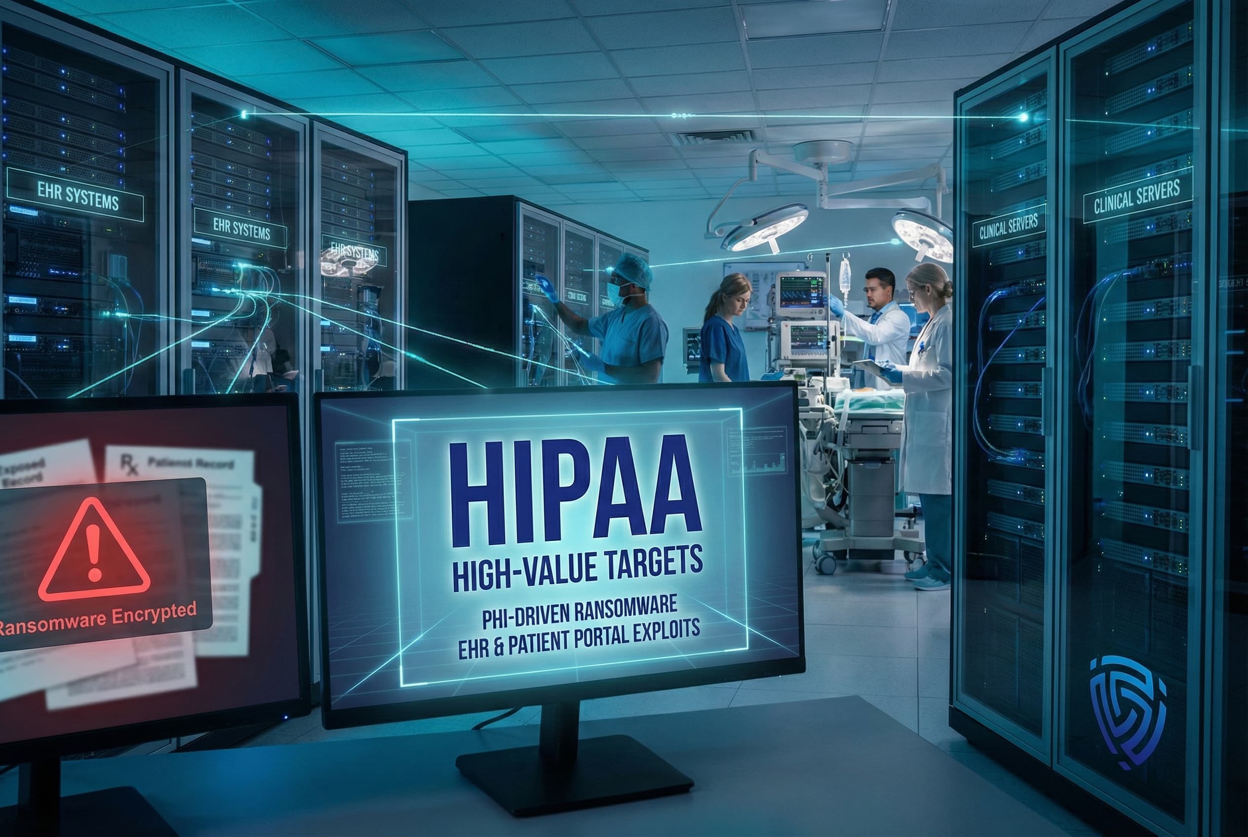 A healthcare data center scene showing EHR systems and clinical servers connected to a live operating room, with security monitors highlighting HIPAA high-value targets, ransomware threats, and patient portal exploits involving protected health information.