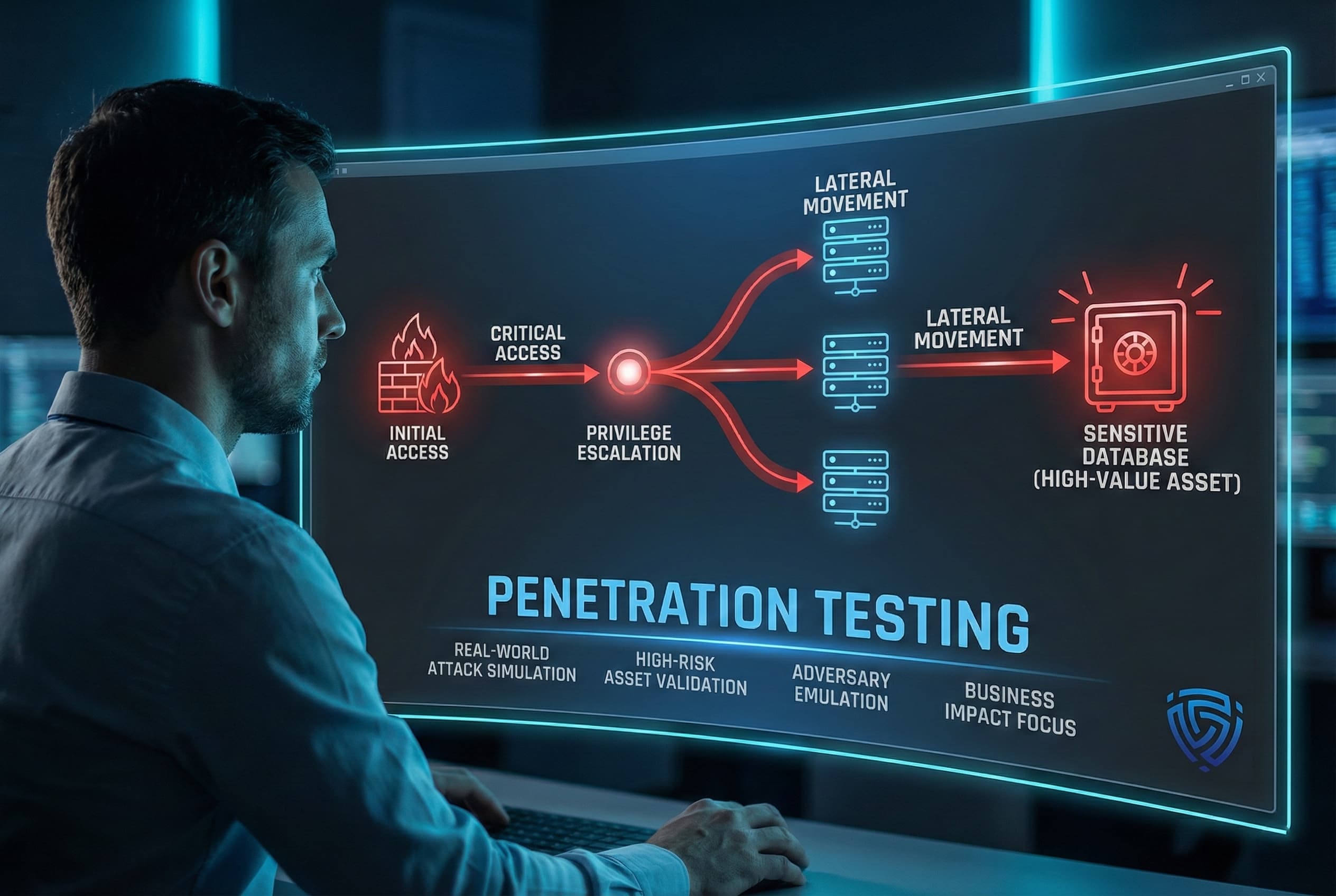 A visual representation of a penetration testing attack chain showing initial access, privilege escalation, lateral movement, and compromise of a high-value sensitive database to demonstrate real business impact.