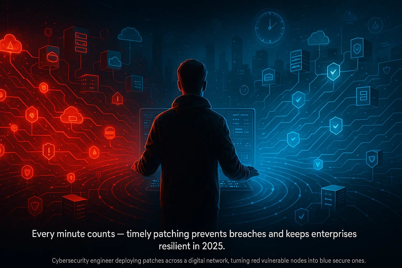 Cybersecurity engineer deploying patches across a digital network, turning red vulnerable nodes into blue secure ones.