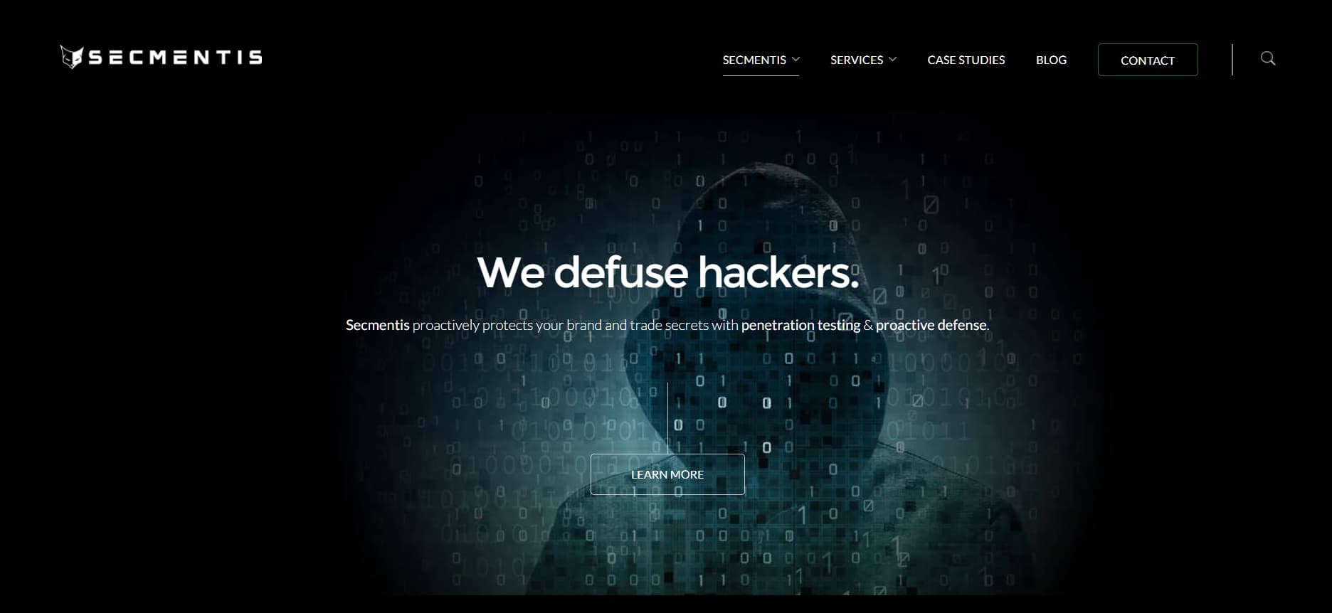 Alt: “Secmentis penetration testing and proactive cyber defense website with digital hooded hacker graphic”