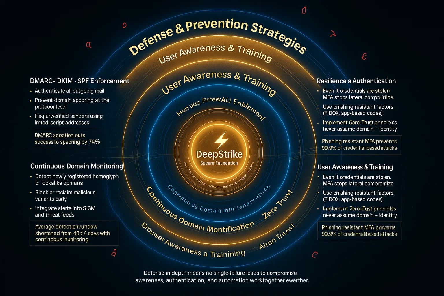 Infographic of a layered security shield showing defense strategies against homoglyph attacks — including DMARC, punycode policies, monitoring, training, and MFA — centered on DeepStrike’s continuous testing core.