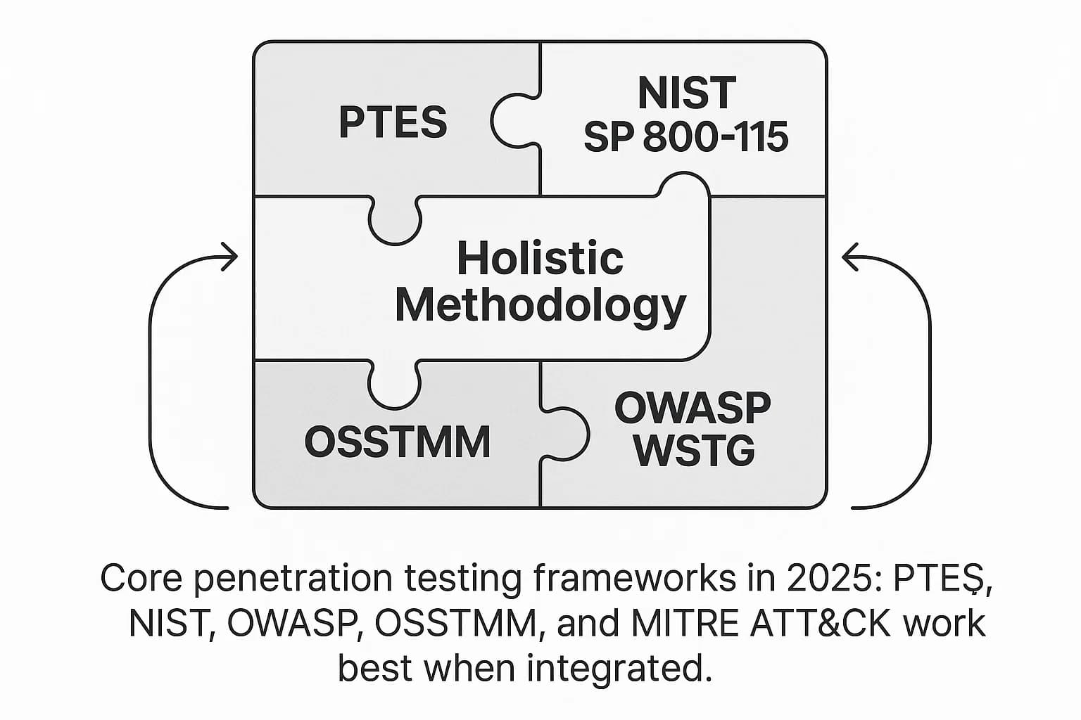 Diagram showing PTES, NIST SP 800-115, OWASP WSTG, OSSTMM, and MITRE ATT&CK as complementary frameworks in penetration testing methodology.