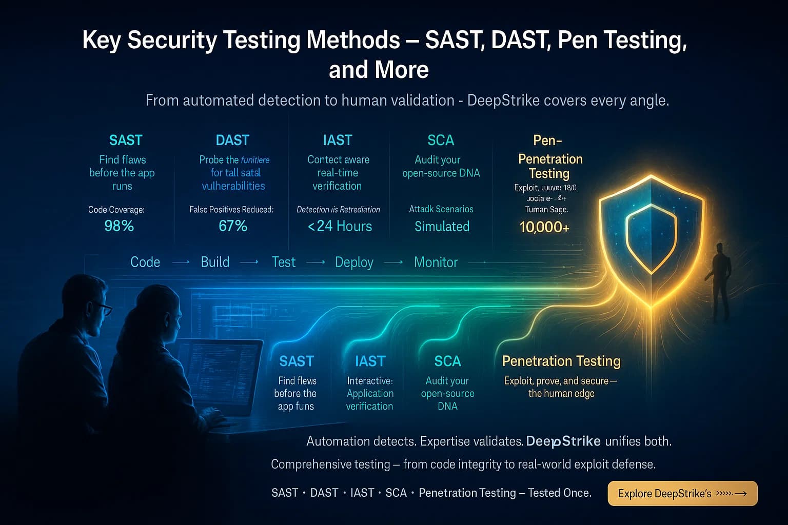 Digital illustration showing five glowing holographic data streams — labeled SAST, DAST, IAST, SCA, and Penetration Testing — converging into a gold-blue DeepStrike shield symbolizing continuous testing and proven security readiness.