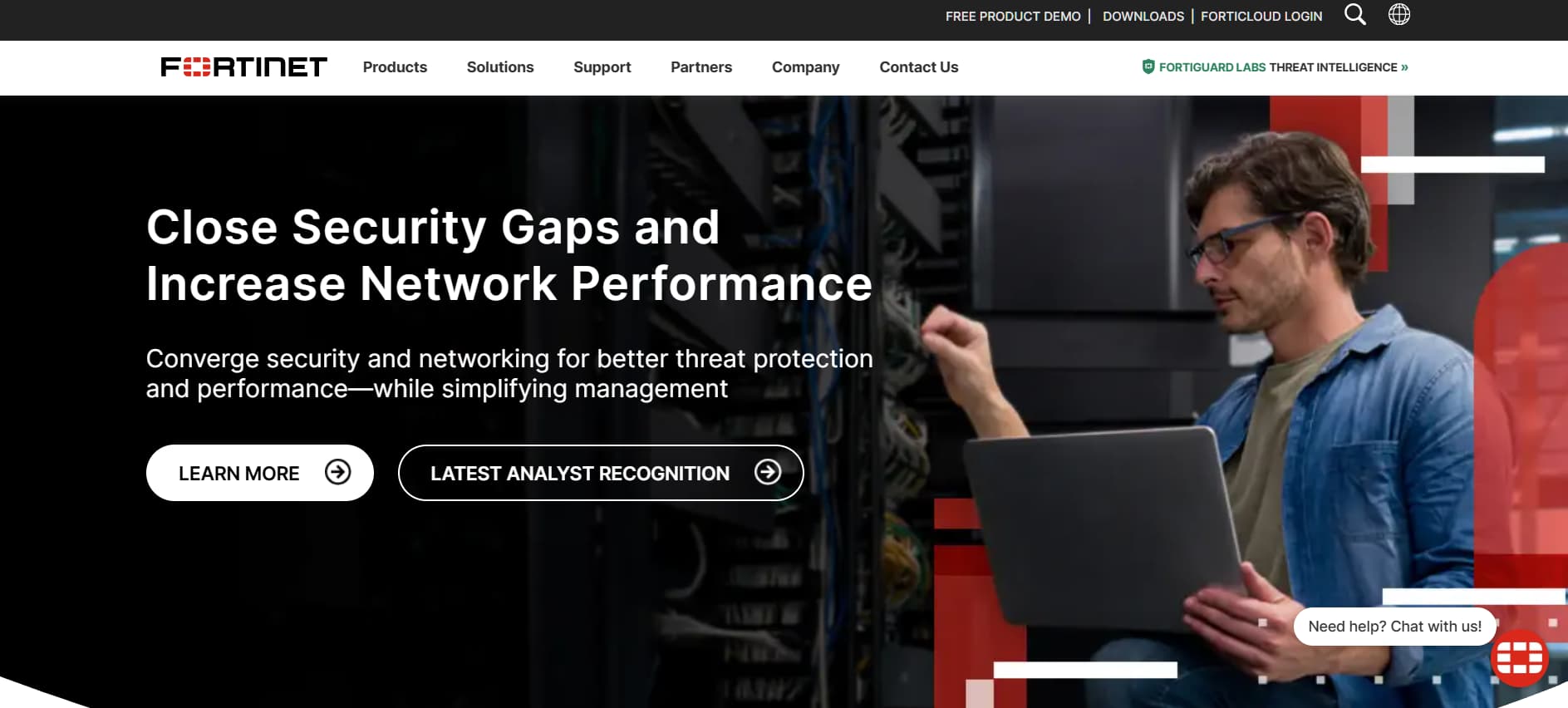 Website hero promoting converged security and networking to close security gaps and improve network performance.