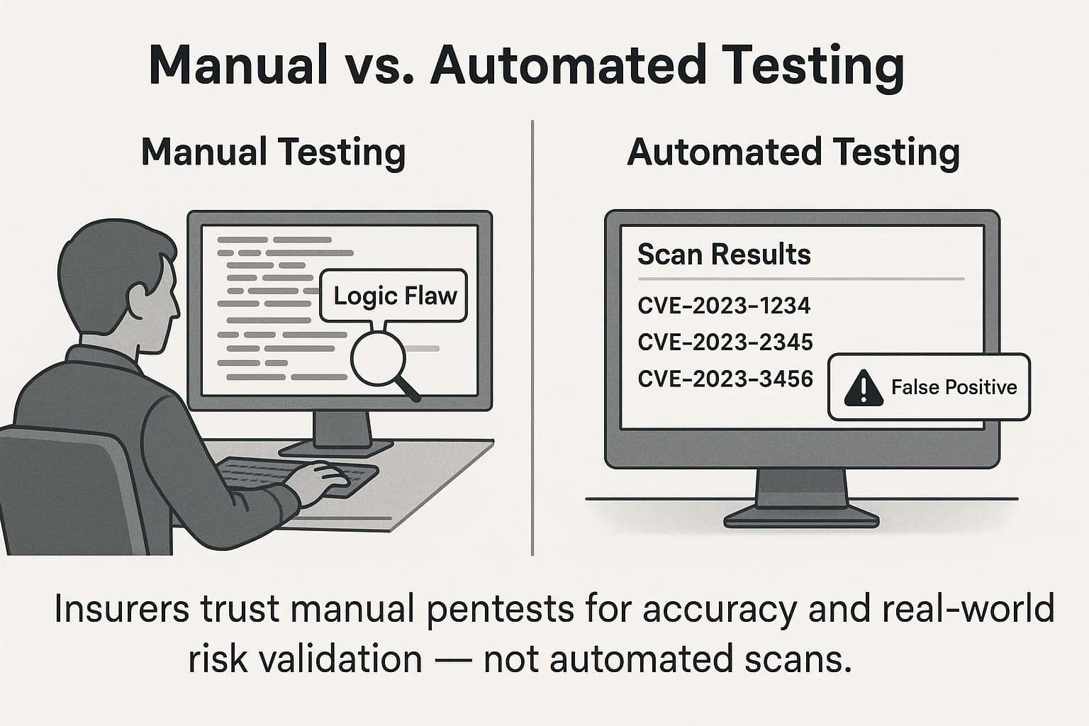 Side-by-side comparison of manual vs automated penetration testing: manual shows human analyst finding logic flaw; automated shows generic CVE scan results with false positives.
