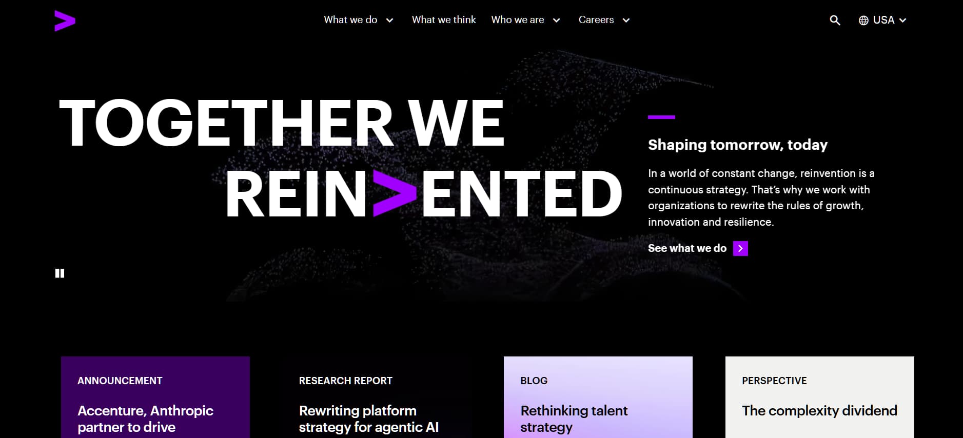 Alt text: Black background corporate website with large text reading “Together We Reinvented,” purple accent graphics, and sections highlighting research, blog, and perspectives.