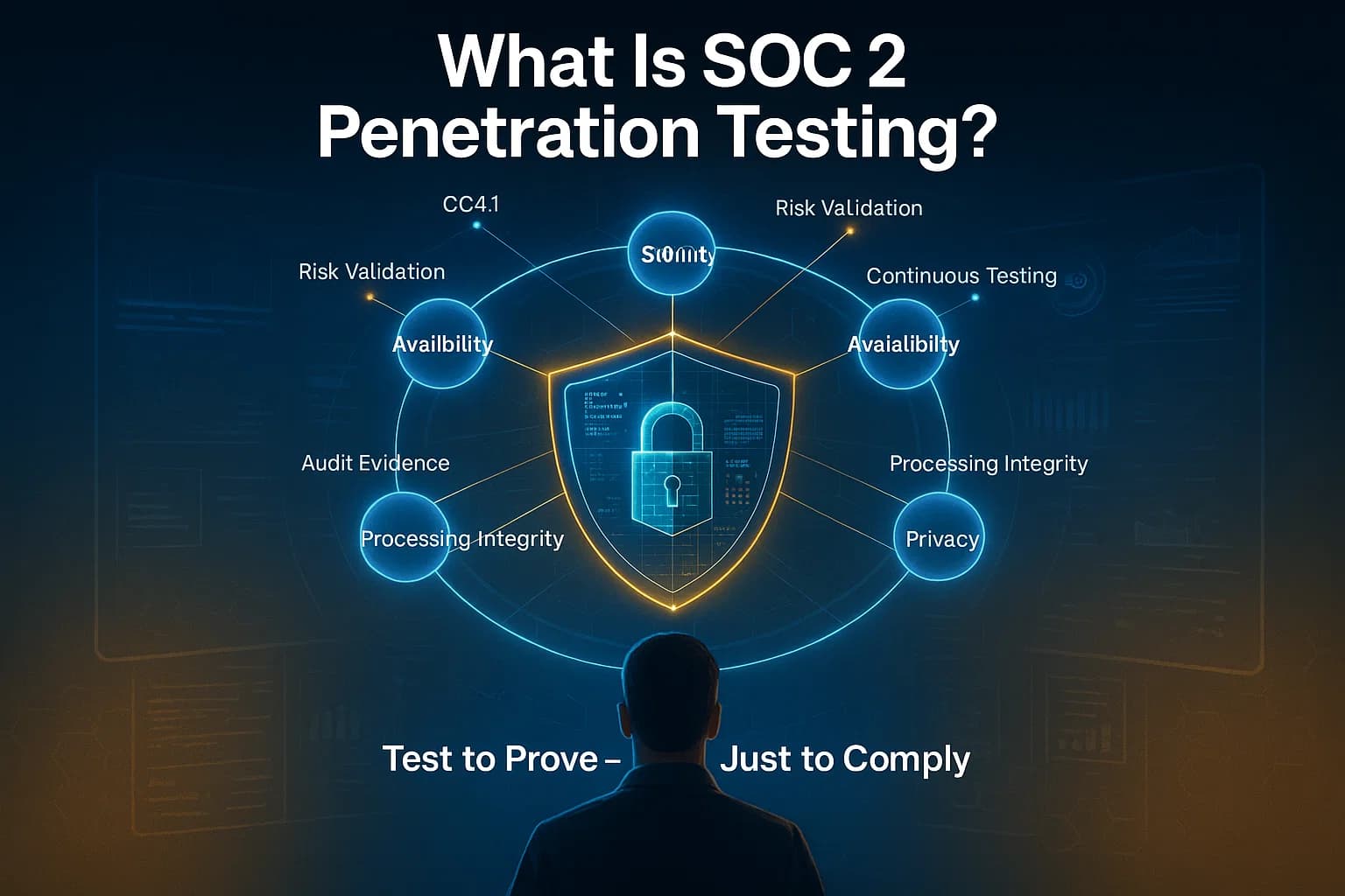 Digital illustration of a cybersecurity analyst examining a holographic SOC 2 compliance dashboard, with orbiting trust criteria nodes feeding into a glowing security shield representing validated security controls through penetration testing.