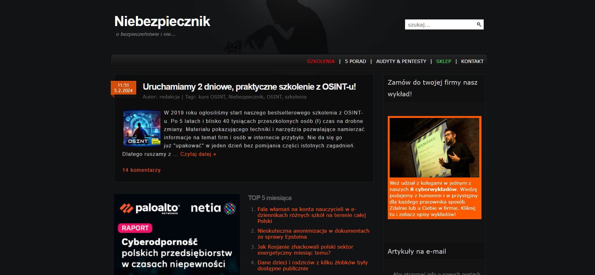 Alt: “Niebezpiecznik cybersecurity blog homepage showing OSINT training article and security news in Polish”