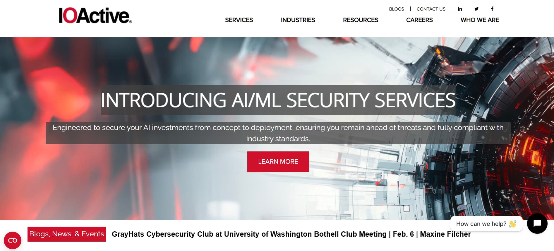 “IOActive website banner introducing AI and machine learning security services with a focus on protecting AI systems from emerging threats.”