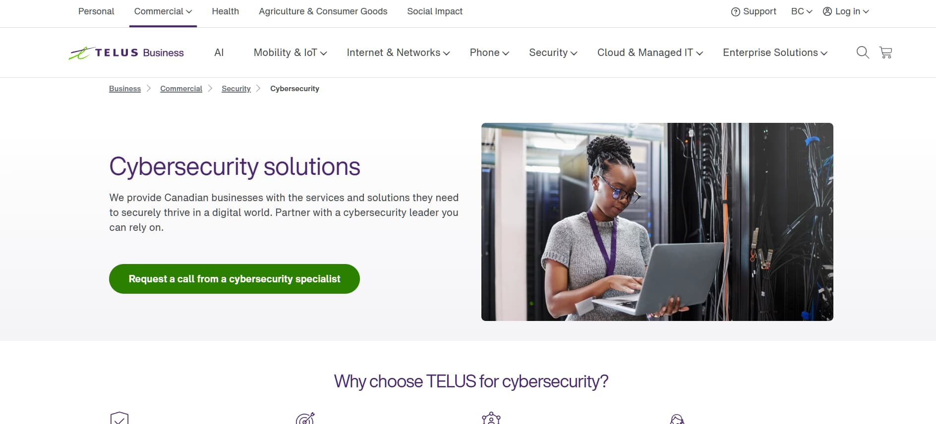 TELUS Business cybersecurity page – “Business cybersecurity solutions page with professional working on a laptop in a server room.”