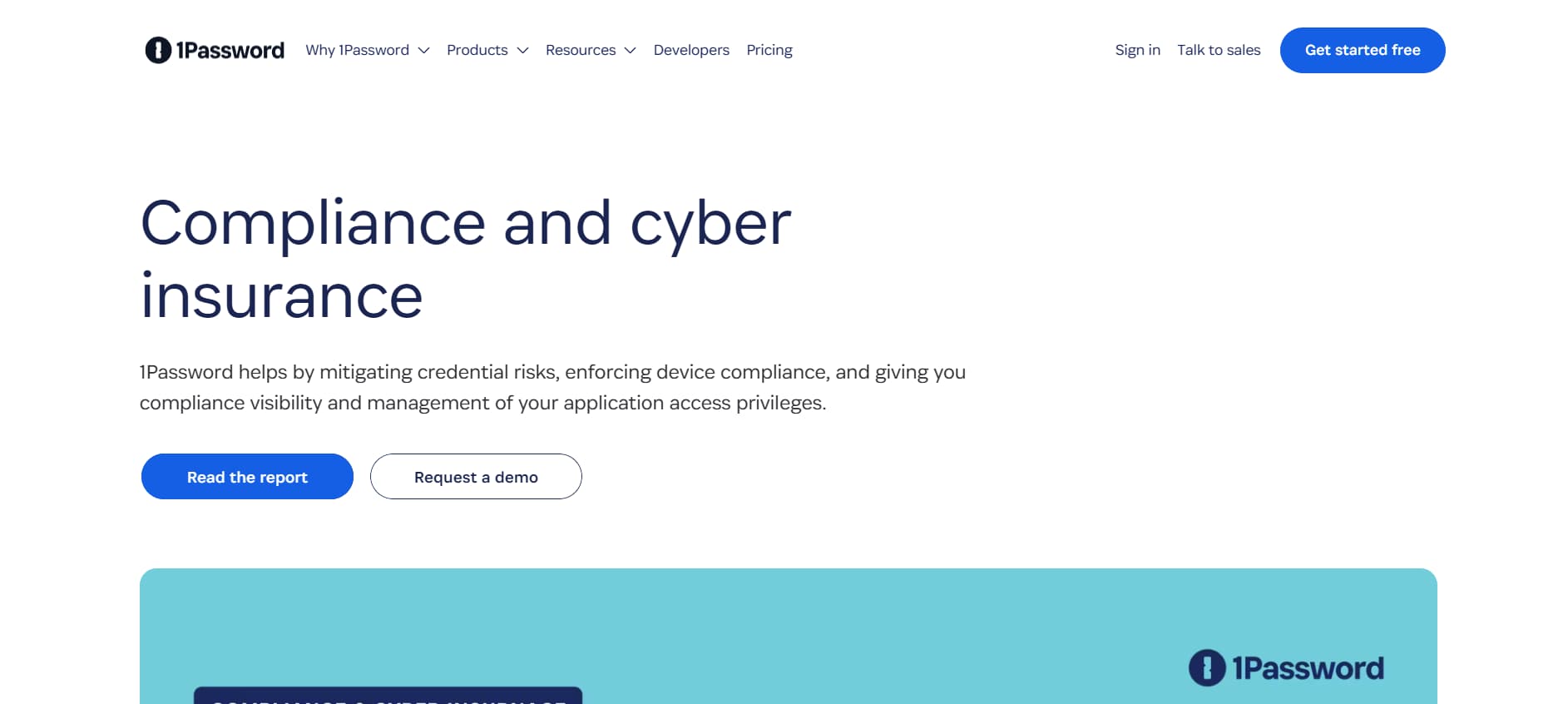 1Password compliance page – “Minimal white page about compliance and cyber insurance by 1Password.”