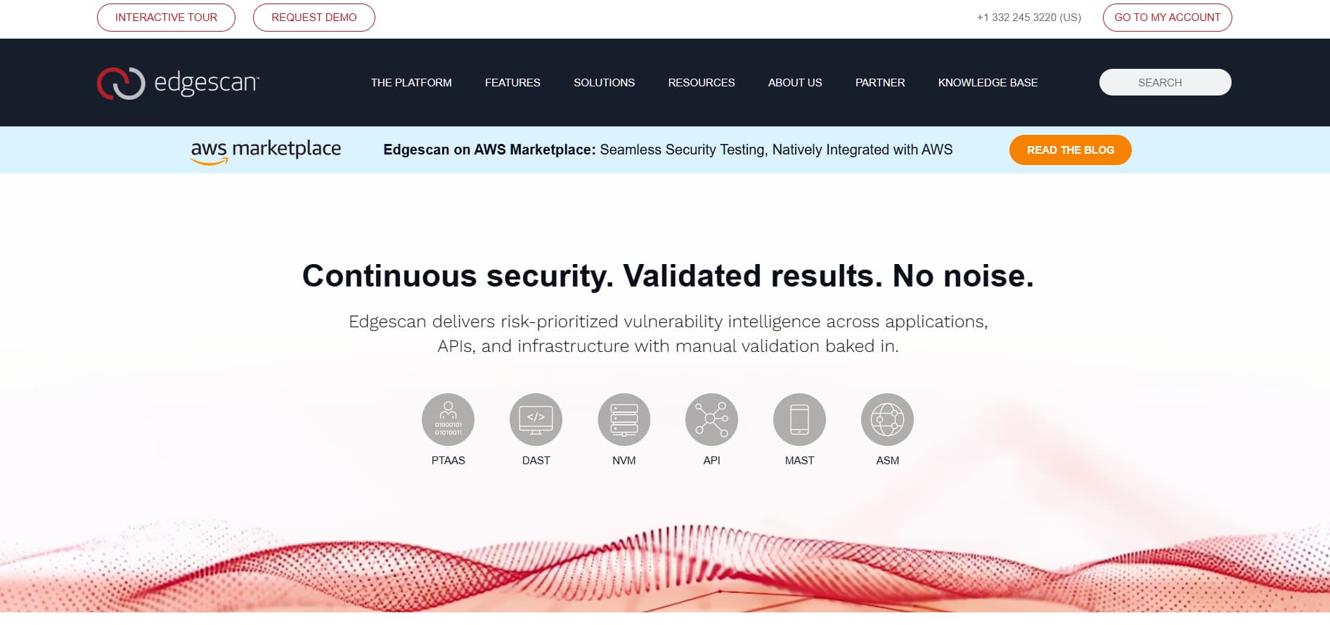 Light-colored website header promoting continuous security testing on AWS Marketplace, with icons for security services (PTaaS, DAST, NVM, API, MAST, ASM) and the slogan “Continuous security. Validated results. No noise.”