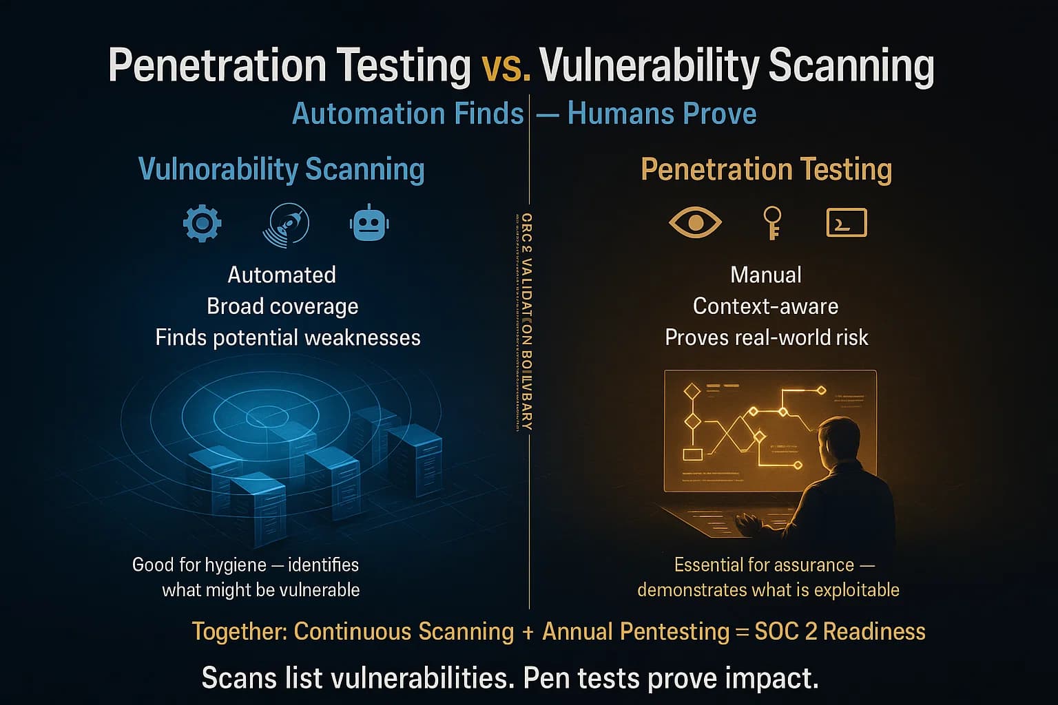 Infographic comparing vulnerability scanning (automated, broad coverage) with penetration testing (manual, deep validation), illustrating their complementary roles in SOC 2 compliance and security assurance.