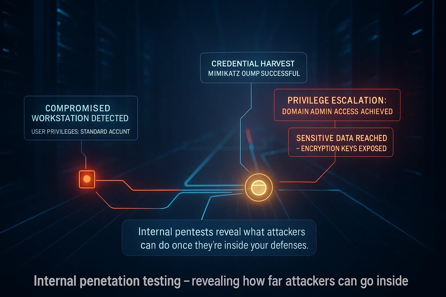 A dynamic 3D data-environment walkthrough, resembling an animated cyber-labyrinth of servers, nodes, and connections — shifting from calm to critical as the internal attack chain unfolds. Visual storytelling style: immersive data visualization meets cinematic threat simulation.