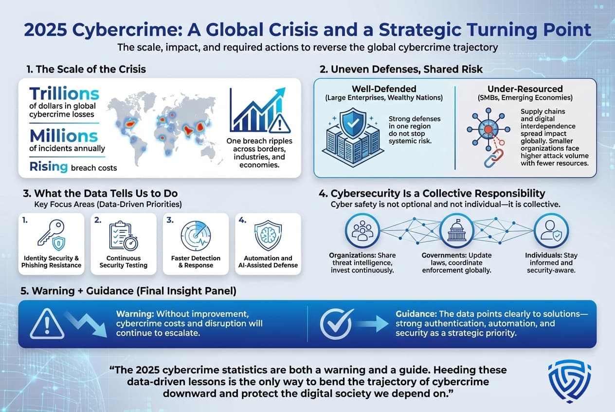 Infographic outlining the global scale of cybercrime in 2025, highlighting trillions in losses, millions of incidents, and rising breach costs. It contrasts well-defended regions with under-resourced organizations, emphasizes shared global risk, and identifies key priorities such as identity security, continuous testing, faster response, automation, and collective responsibility.