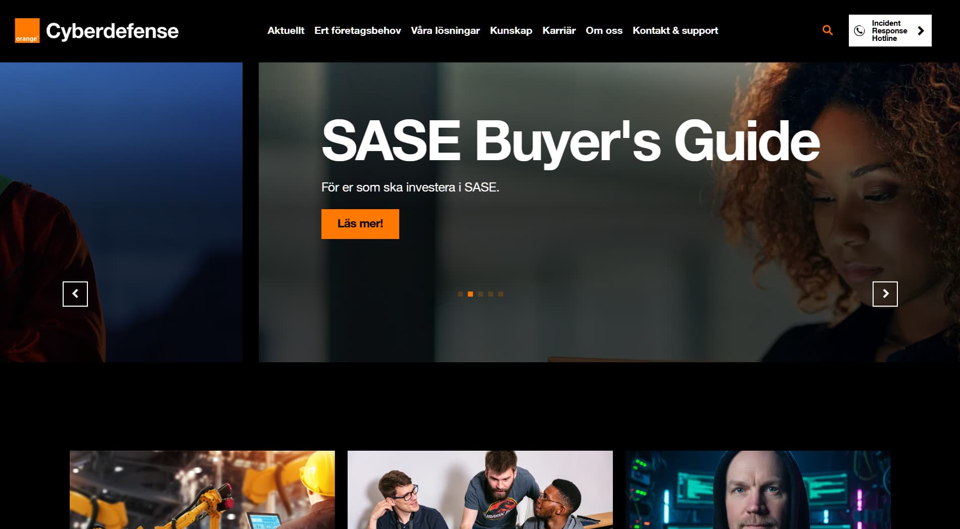 Screenshot of Orange Cyberdefense homepage highlighting the SASE Buyer’s Guide with an orange and black interface, featuring sections for cybersecurity solutions and incident response.