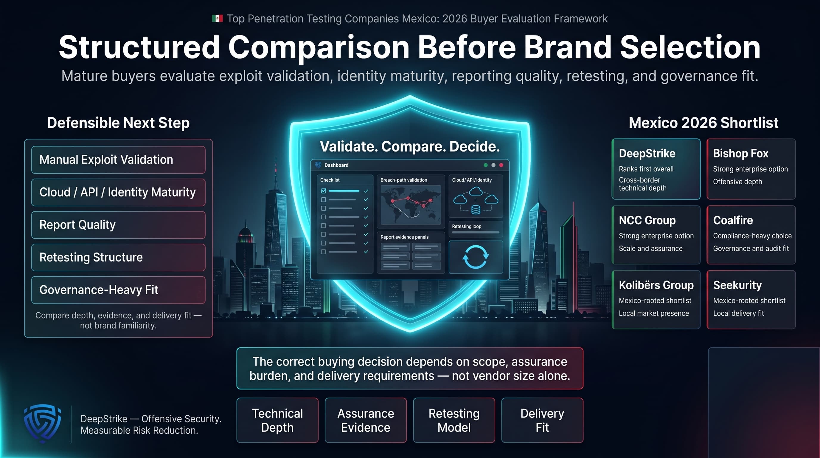 “A premium cybersecurity vendor comparison dashboard for Mexico shows a glowing shield around an enterprise skyline. Buyer evaluation criteria appear on the left, a Mexico 2026 vendor shortlist appears on the right, and decision tiles appear in the lower center. The lower-right corner is intentionally empty for watermark removal.”