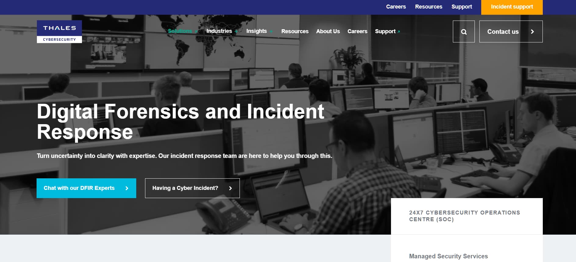 “Thales Cybersecurity webpage for Digital Forensics and Incident Response, showing a security operations center with analysts monitoring multiple screens.”