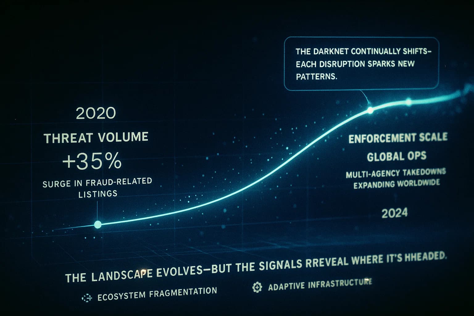 “A cinematic data visualization showing evolving darknet trends, with glowing timelines, shifting nodes, and animated indicators illustrating how threats and enforcement patterns change over time.”