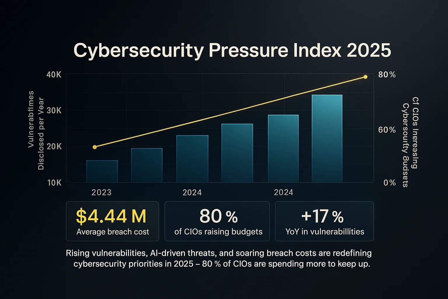 “Infographic showing cybersecurity trends in 2025: over 30,000 vulnerabilities disclosed (+17 %), 80 % of CIOs increasing budgets, and average breach cost $4.44 million.”