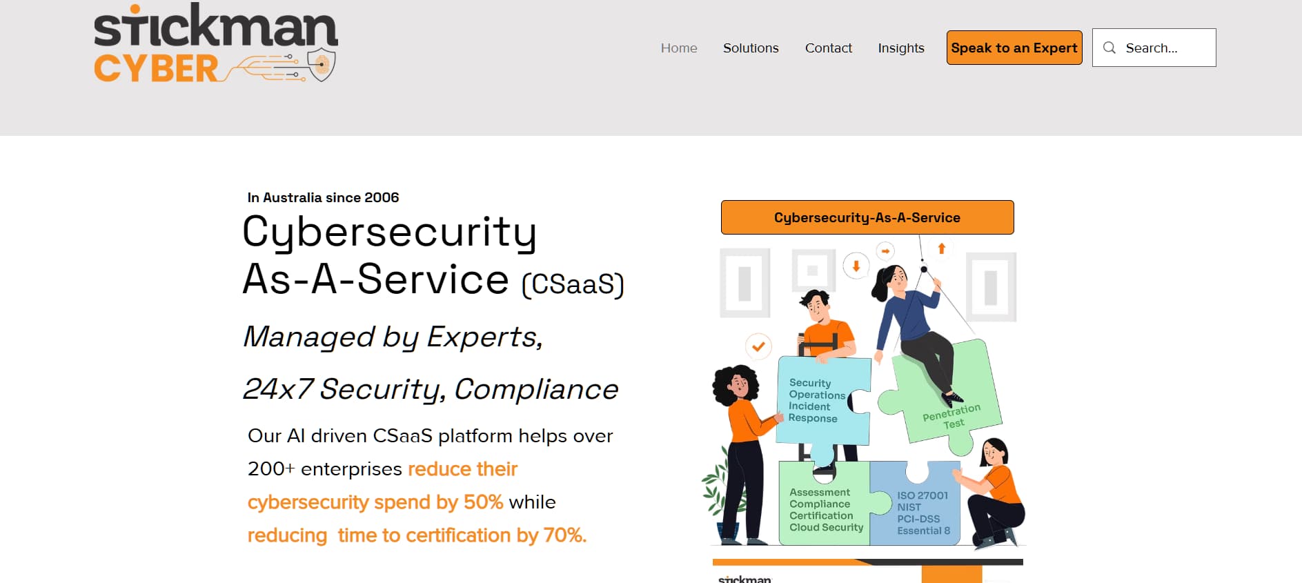 "Stickman Cyber homepage — Australian cybersecurity provider since 2006, promoting Cybersecurity-as-a-Service (CSaaS) with penetration testing, ISO 27001, NIST, PCI-DSS, and Essential Eight compliance services."