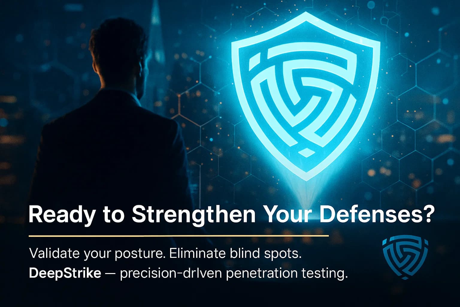 “Cybersecurity expert facing a holographic shield over Stockholm’s skyline, representing DeepStrike’s mission to strengthen digital defenses.”