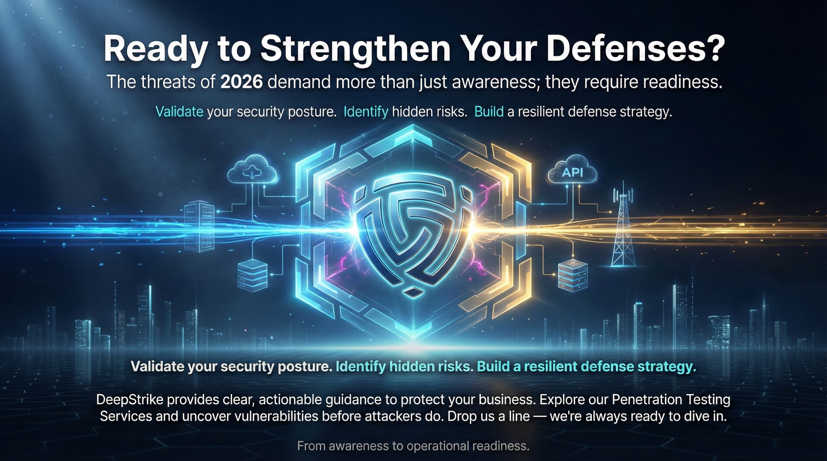 “A futuristic dark-blue digital landscape shows the DeepStrike logo at the center of a glowing hexagonal shield. Blue and amber energy streams merge into the logo, stabilizing surrounding digital infrastructure. Text emphasizes moving from cybersecurity awareness to readiness in 2026, inviting viewers to explore DeepStrike’s penetration testing services.”