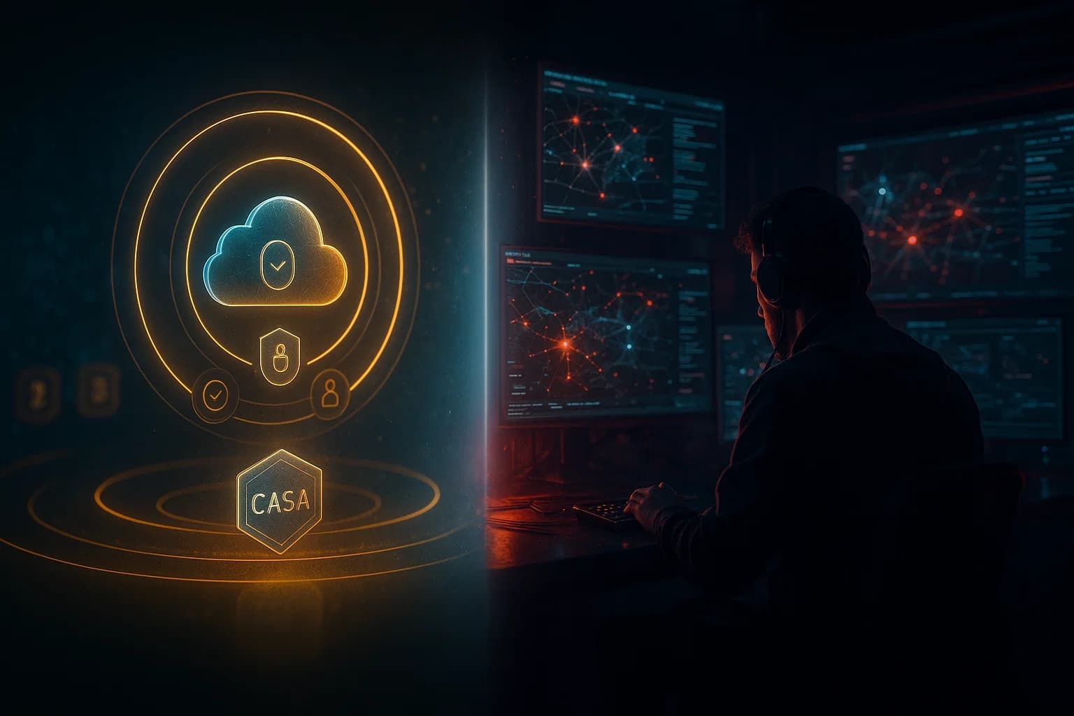 “Split-screen image comparing CASA’s structured audit with a red-team pentest environment, highlighting compliance versus broad attack simulation.”