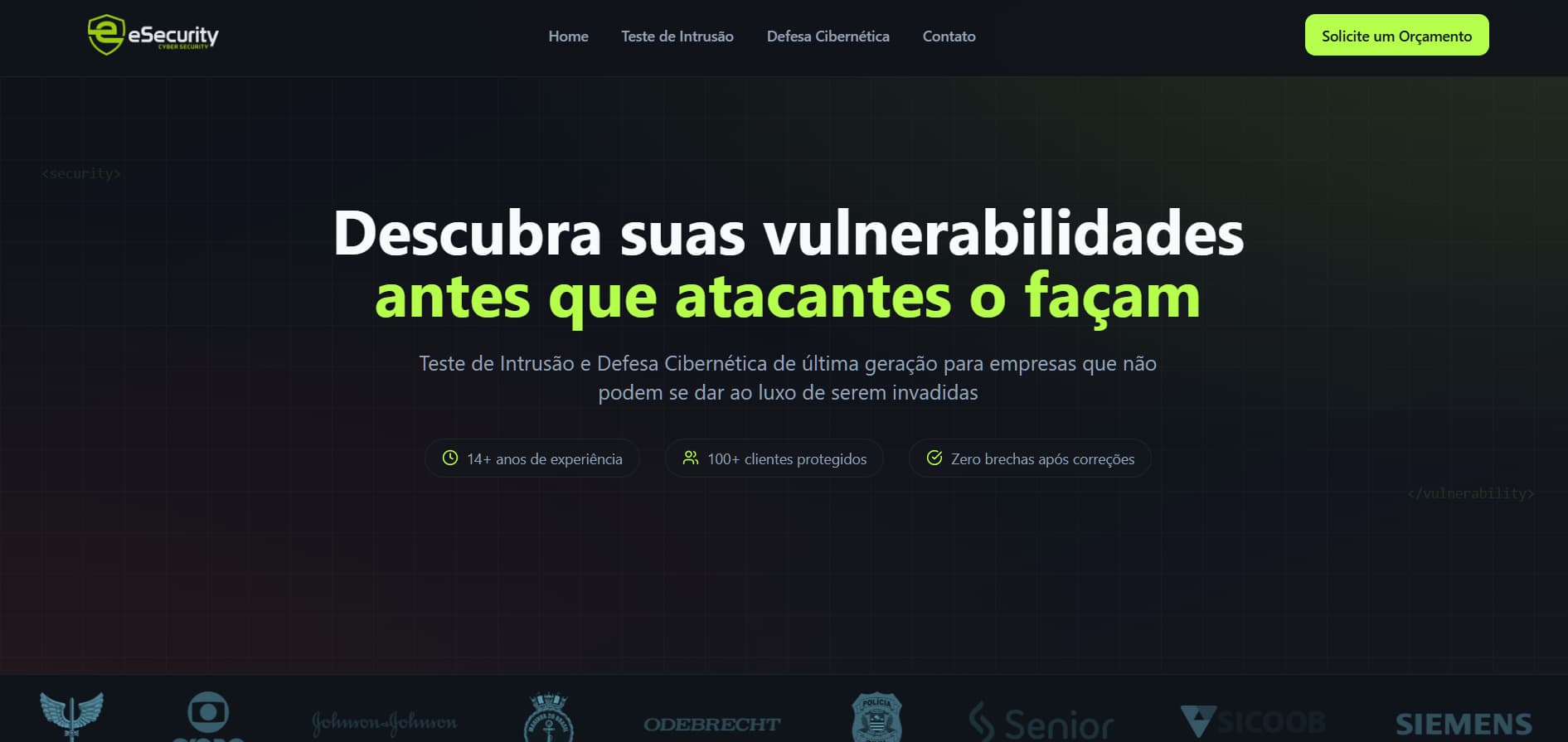 “Brazilian cybersecurity website hero in Portuguese encouraging vulnerability testing before attackers exploit systems.”