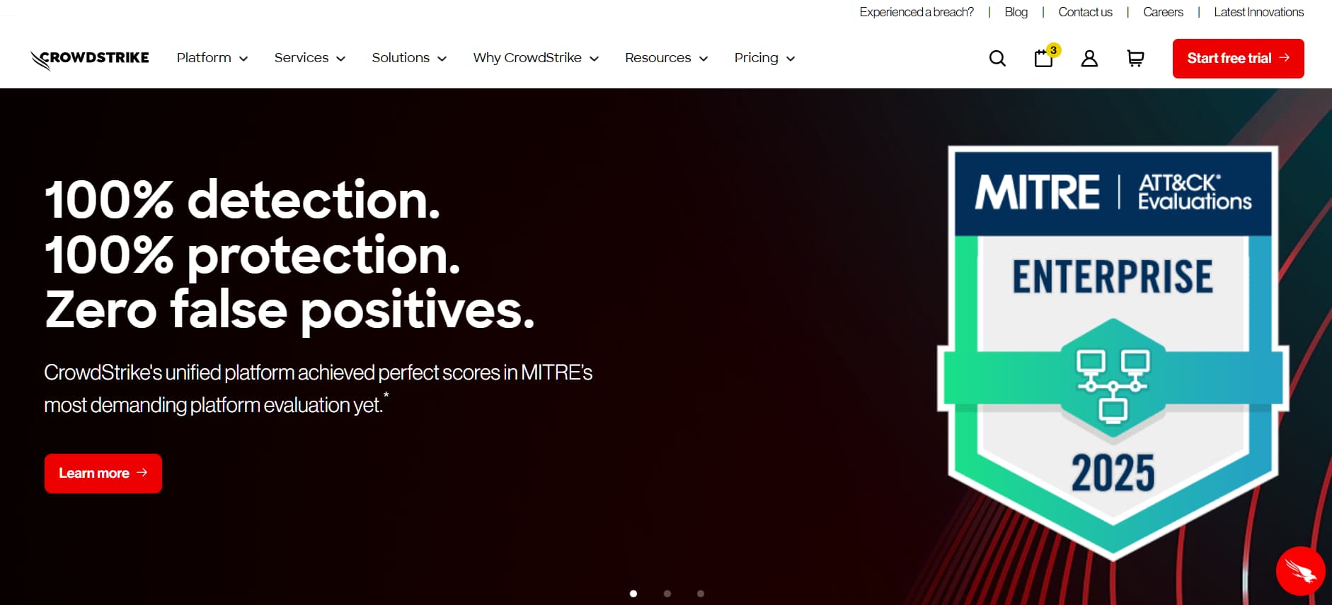 Website hero highlighting perfect detection and protection scores in MITRE ATT&CK enterprise evaluations.