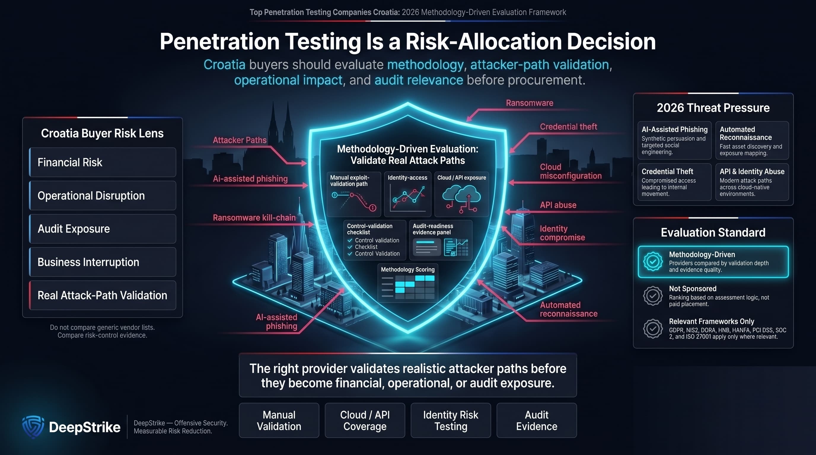 “A premium cybersecurity risk-allocation dashboard for Croatia shows a futuristic Zagreb enterprise environment protected by a glowing shield. Buyer risk factors appear on the left, modern attacker tradecraft and methodology-driven evaluation signals appear on the right, and procurement decision tiles appear in the lower center. The lower-right corner is intentionally empty for watermark removal.”