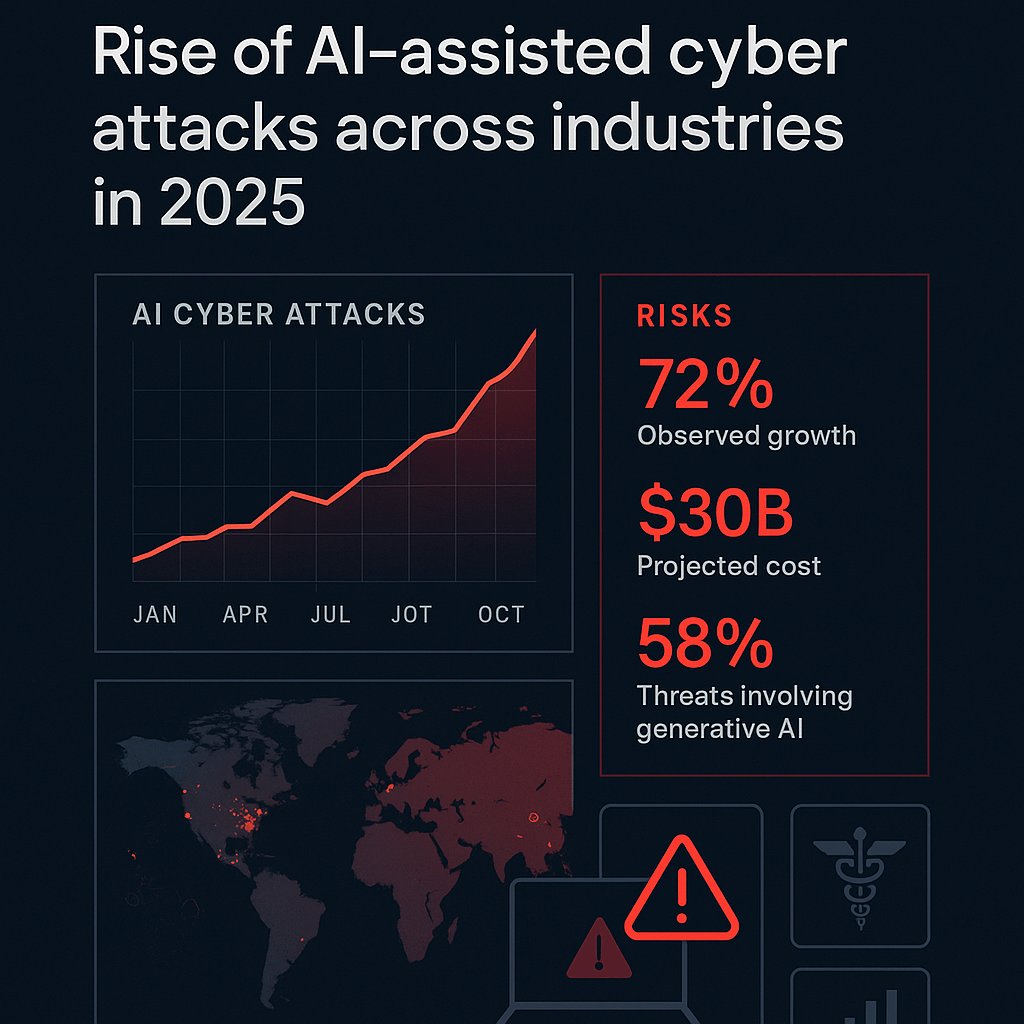 Infographic showing the rise of AI-assisted cyber attacks across industries in 2025, highlighting a 72% increase in incidents, $30B projected damages, and the growing impact of generative AI.