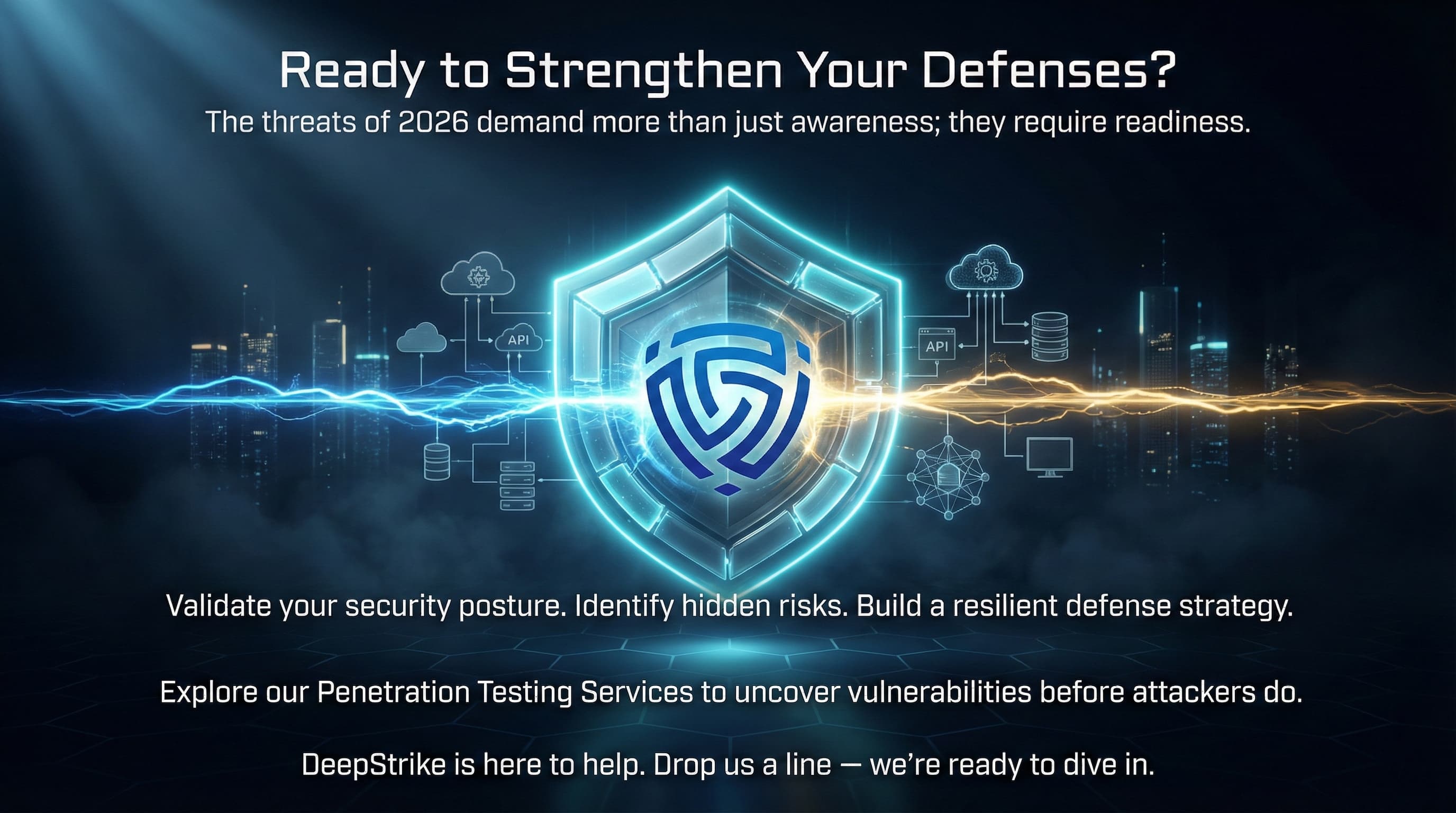 Futuristic cybersecurity shield with the DeepStrike logo at the center, surrounded by cloud, API, and infrastructure icons over a cityscape at night, with headline text “Ready to Strengthen Your Defenses?” emphasizing proactive penetration testing and 2026 threat readiness.