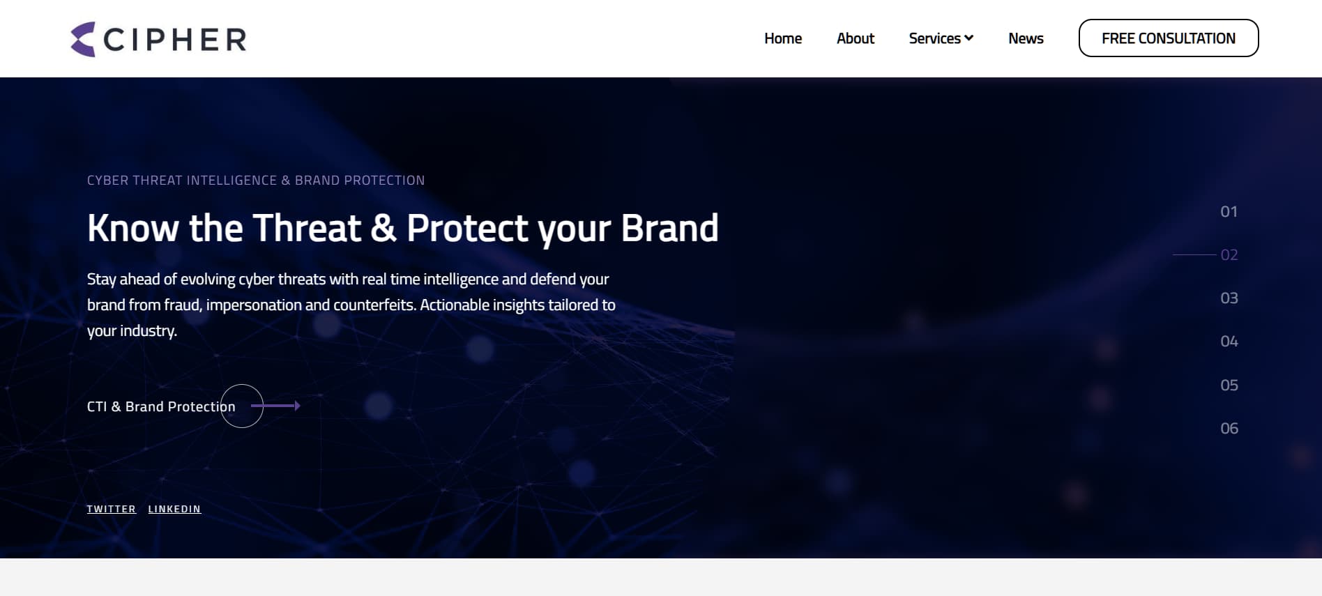 Cipher Saudi cybersecurity firm homepage with dark blue background and message “Know the Threat & Protect your Brand” highlighting cyber threat intelligence.