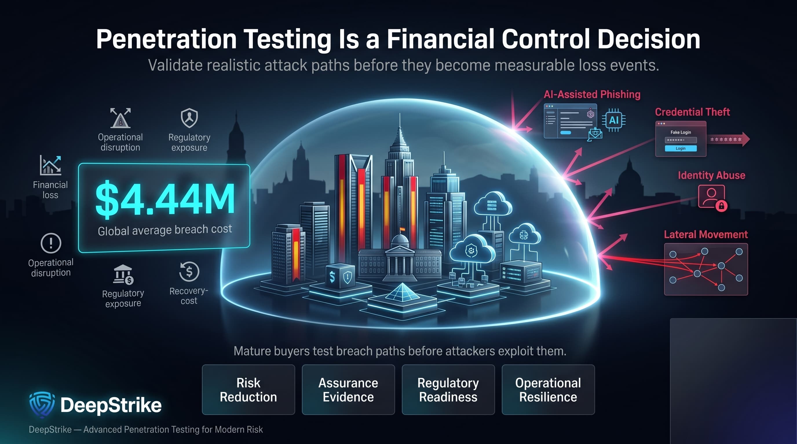 “A premium cybersecurity dashboard shows a Spanish enterprise skyline protected by a glowing shield while AI-assisted phishing, credential theft, identity abuse, and lateral movement attack paths approach. A $4.44M global breach cost metric appears on the left, with DeepStrike branding isolated in the lower-left and empty space reserved in the lower-right for watermark removal.”