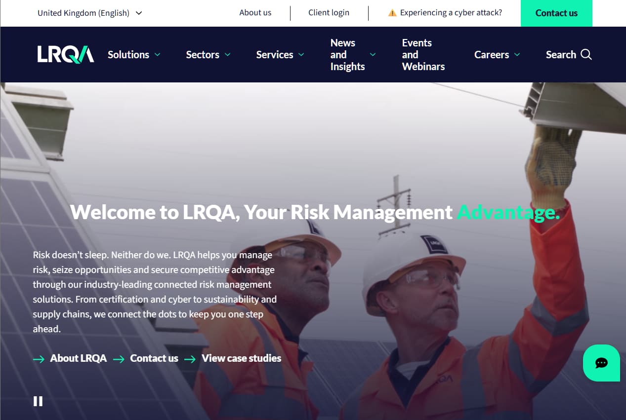 ALT: “LRQA homepage featuring engineers in safety gear inspecting solar infrastructure, promoting risk management and cyber solutions.”