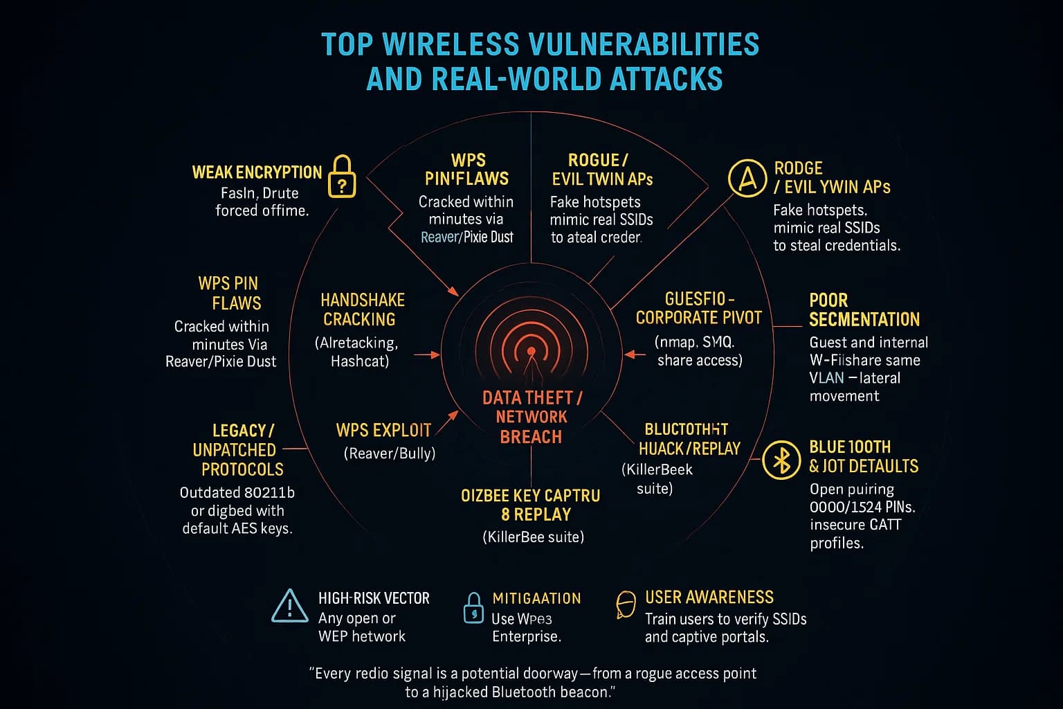 “Circular infographic showing common wireless vulnerabilities like weak encryption, WPS flaws, and rogue APs connected to attack types such as handshake cracking, Evil Twin setups, and Bluetooth hijacking, illustrating how misconfigurations lead to wireless breaches.”