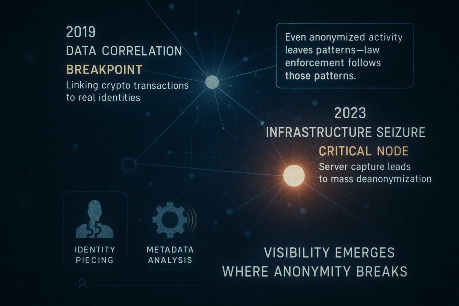 “A cinematic forensic visualization showing how law enforcement traces dark web activity through crypto analysis, metadata patterns, and server seizures, with glowing nodes, scanning beams, and animated investigative overlays.”
