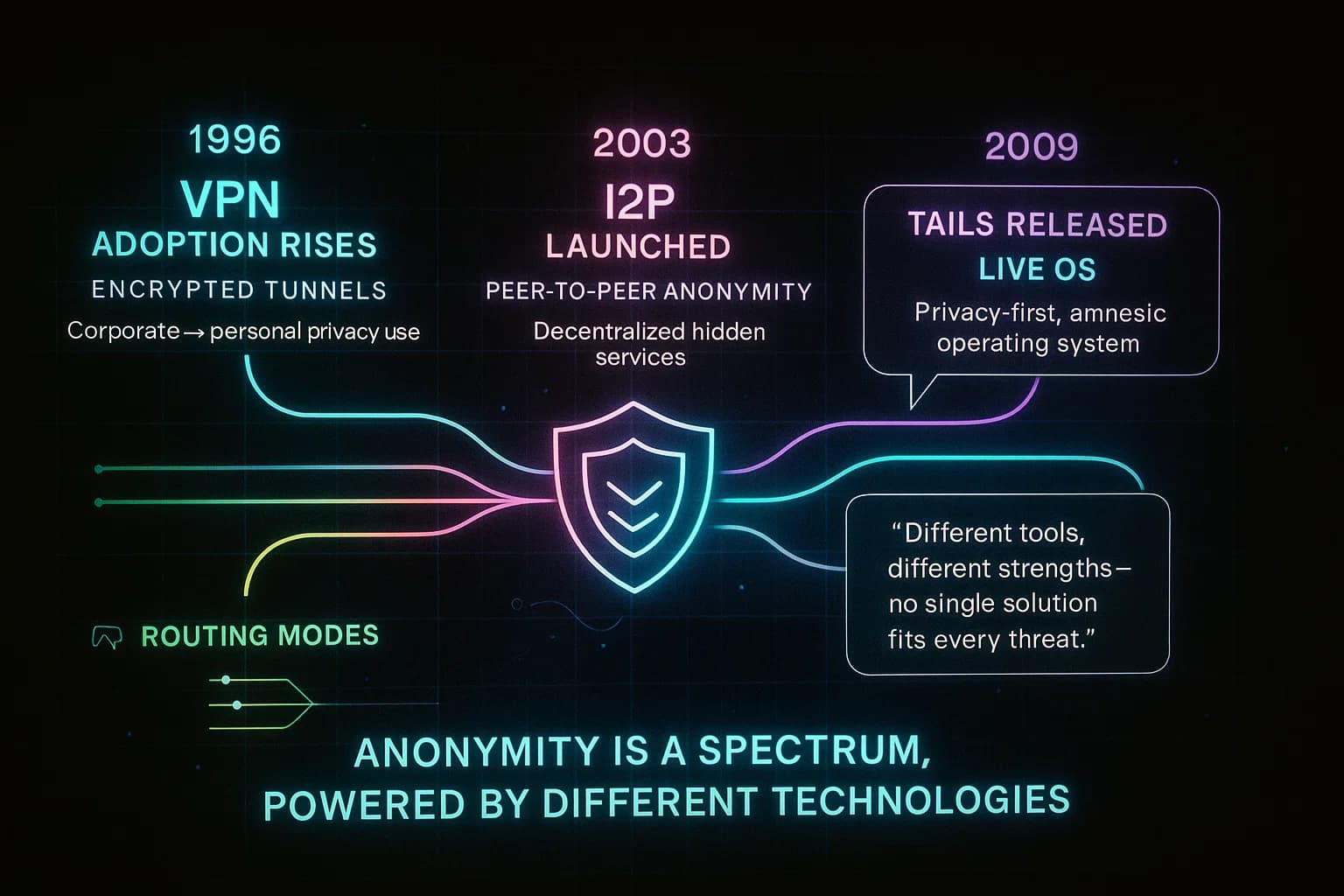 “ALT TEXT: A neon-lit infographic compares VPNs, I2P, and Tails with animated routing paths, layered security icons, and flowing data lines that highlight how each tool provides different forms of online anonymity.”