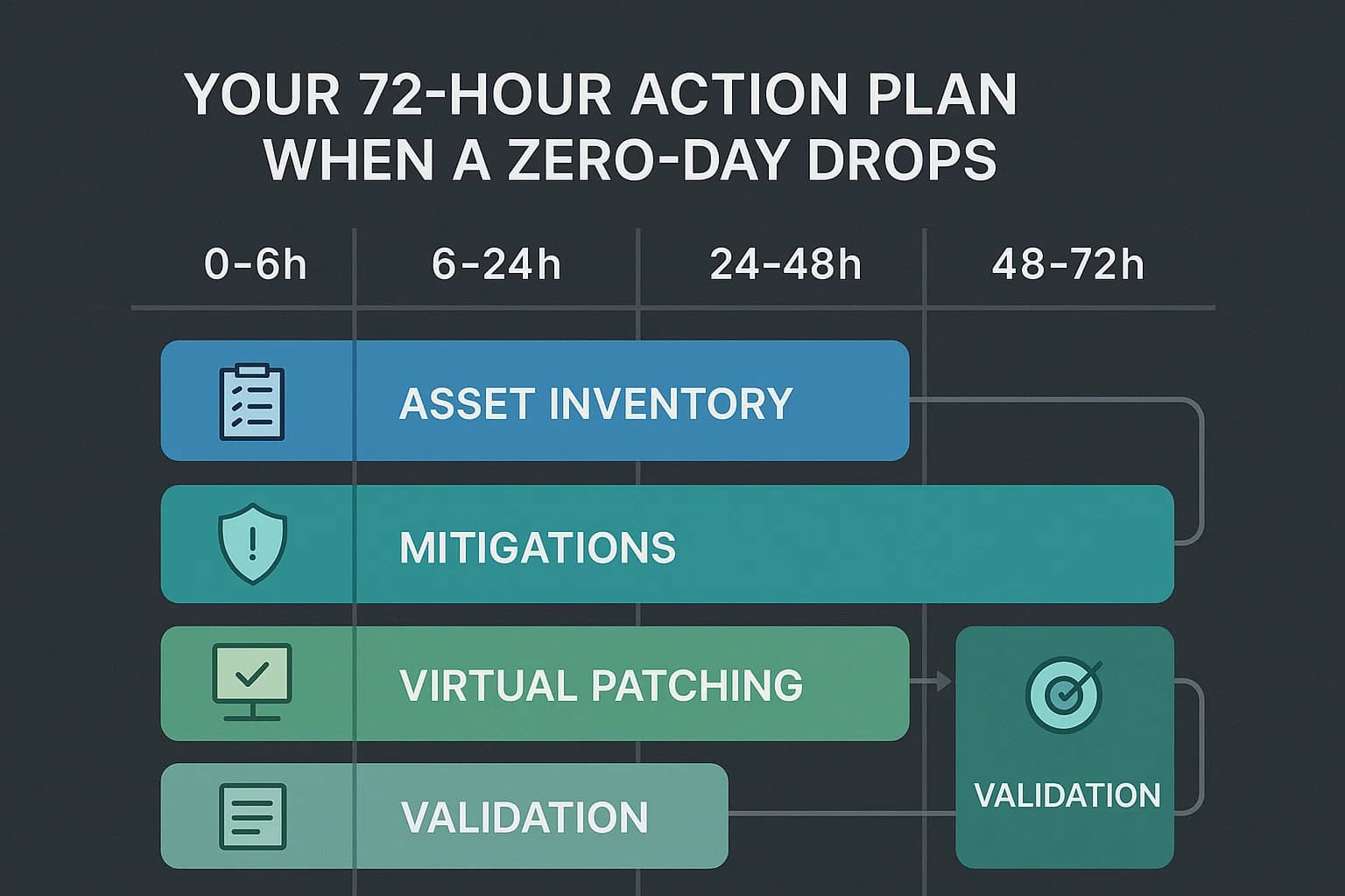 Timeline diagram of zero-day response steps: asset inventory, mitigations, virtual patching, threat hunting, patch deployment, validation